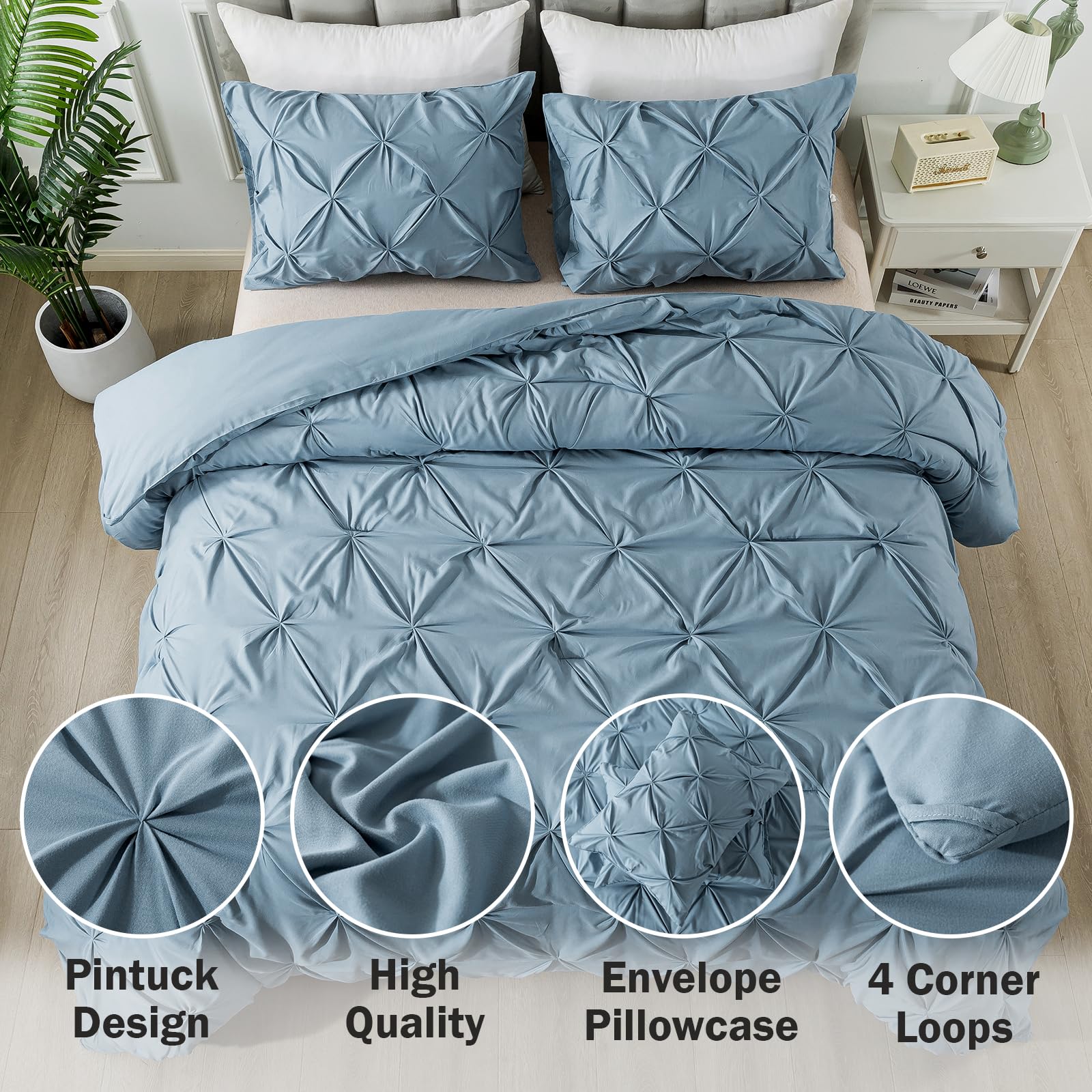 Andency Grayish Blue California King Pinch Pleat Comforter Sets(104X96Inch), 3 Pieces Cal King Pintuck Comforter, Oversized Boho Shabby Chic Bed Comforter, Lightweight Soft Microfiber Bedding Sets