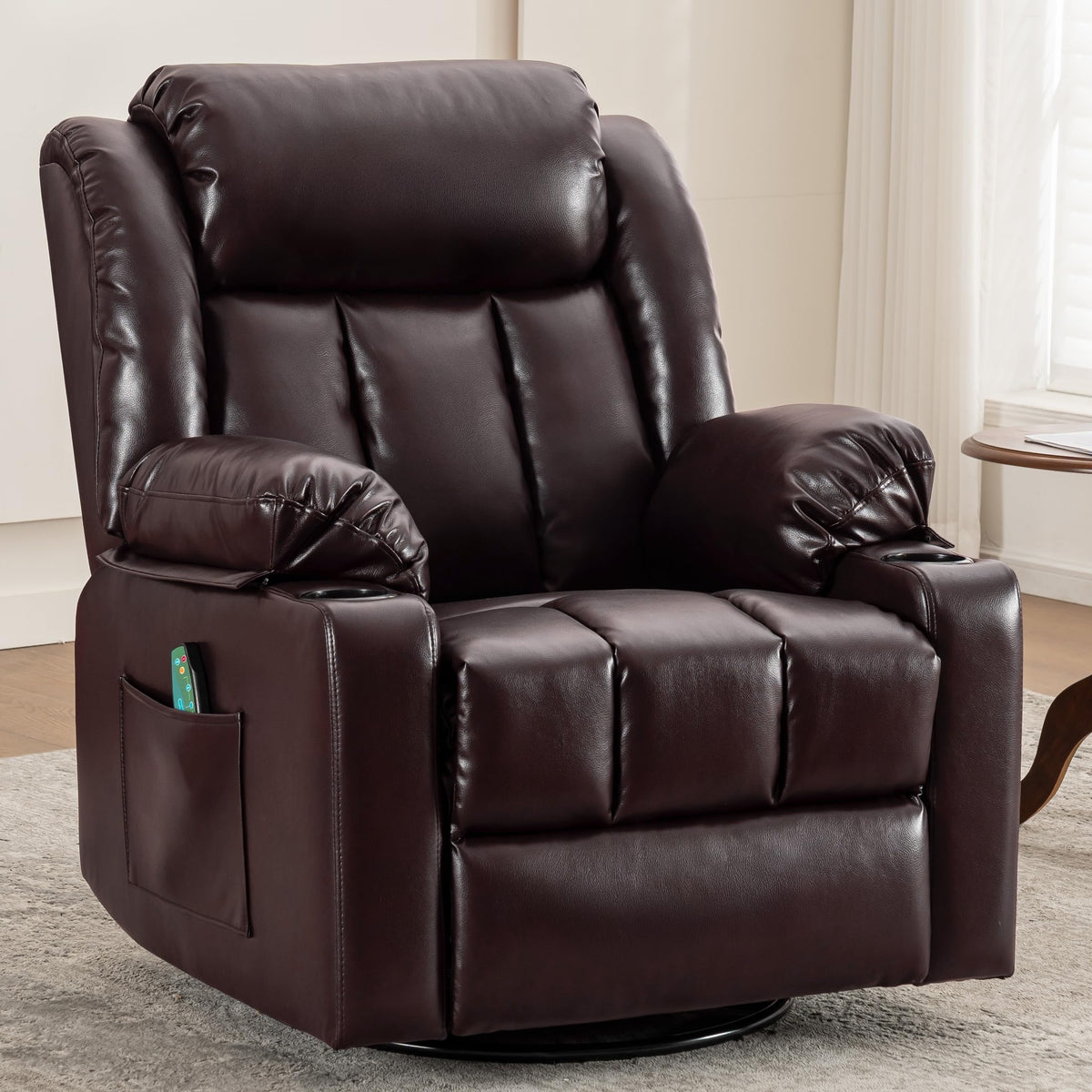 Ketaiyou Rocker Swivel Recliner Chair For Adults, Overstuffed Large Manual Recliner Glider With Massage And Heat, Comfy Soft Lea