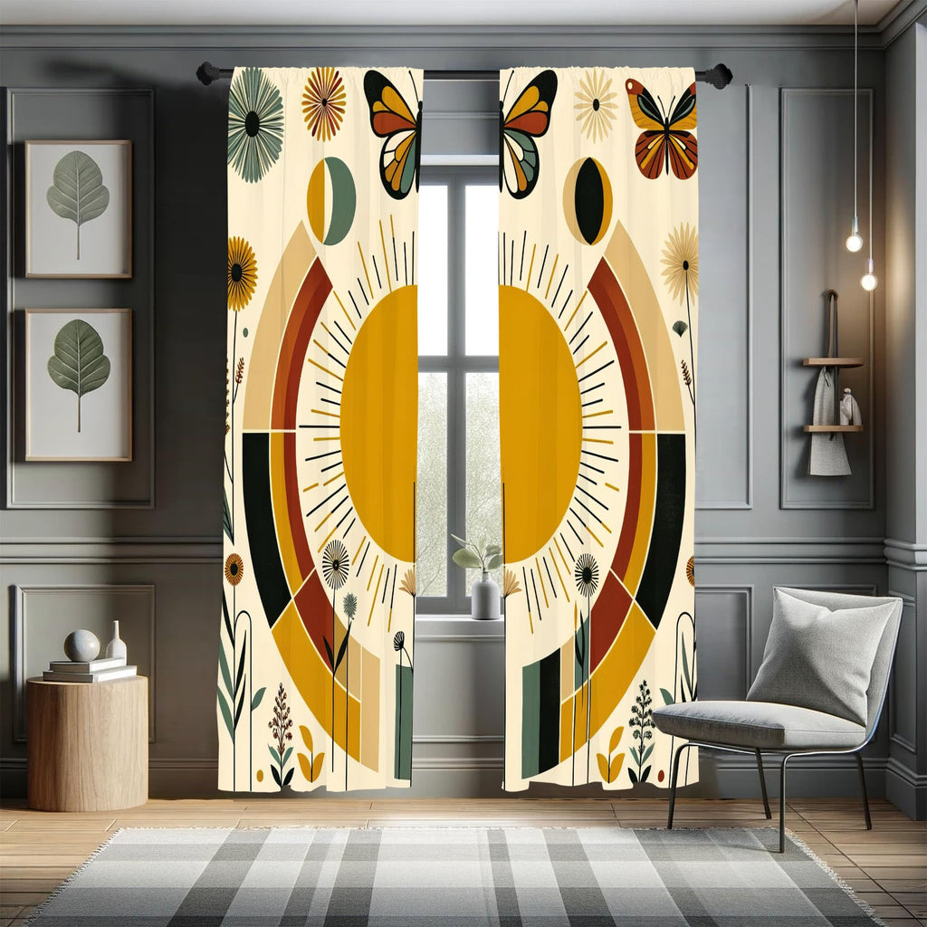 Ambesonne Mid Century Modern Window Curtains Pack Of 2, Bohemian Details Of Geometric Sun Butterfly And Leafy Floral, Lightweigh