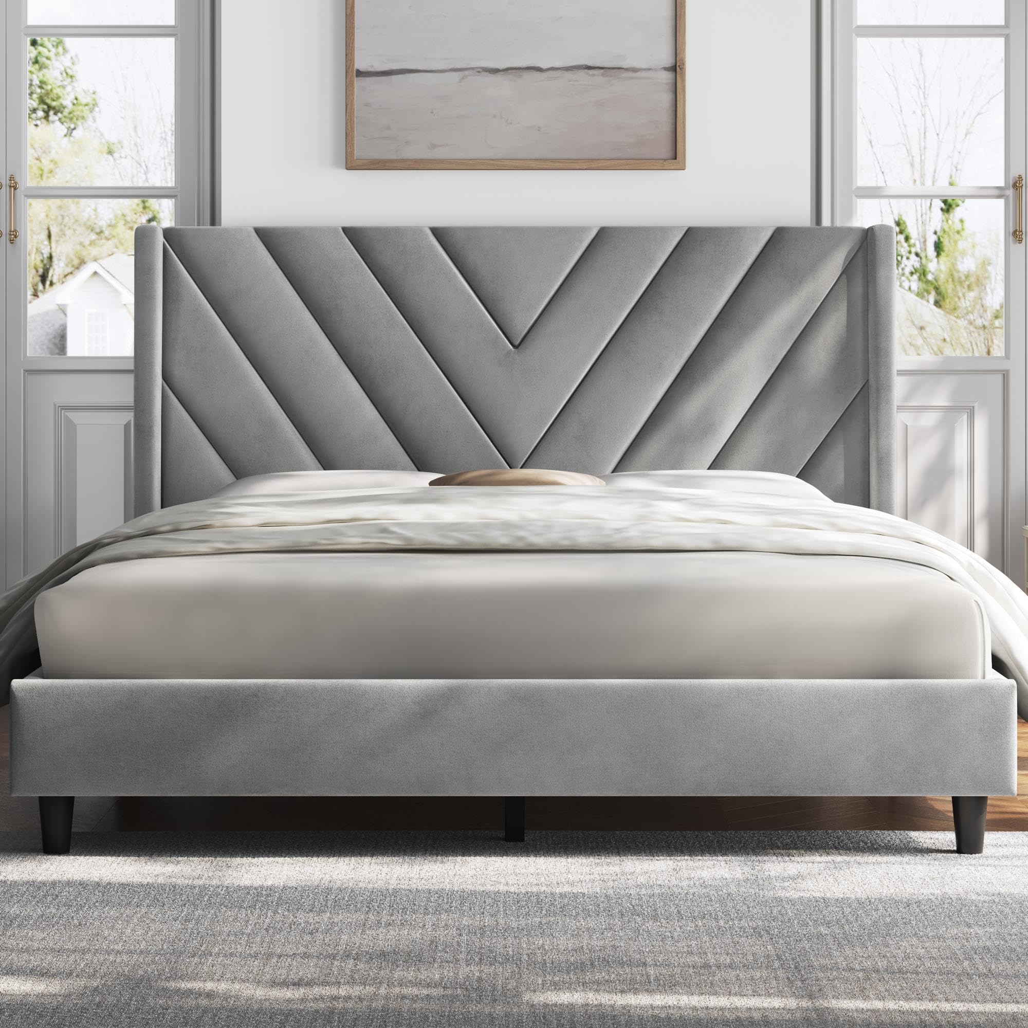 Yaheetech Queen Bed Frame Upholstered Platform Bed With Wing Side/Wooden Slat Support/Tufted Headboard With Wing Side/Mattress Foundation/No Box Spring Needed,Light Gray Queen Bed