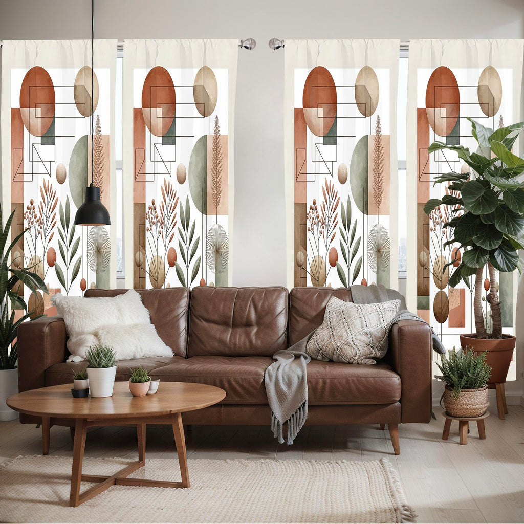 Ambesonne Mid Century Window Curtains Pack Of 2, Modern Boho Vibe Geometric Rounds And Rectangles With Leafy Branches, Lightweig