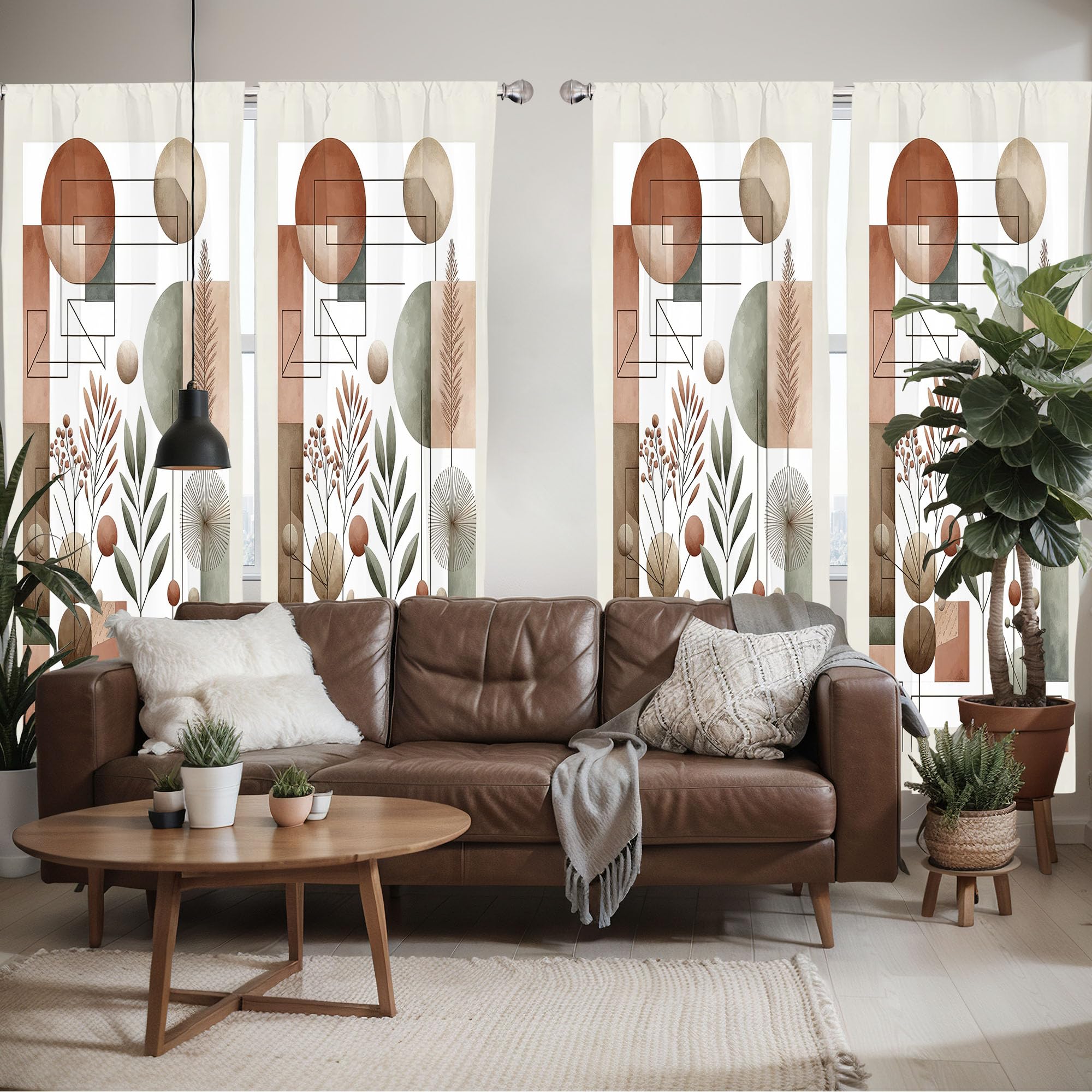 Ambesonne Mid Century Window Curtains Pack Of 2, Modern Boho Vibe Geometric Rounds And Rectangles With Leafy Branches, Lightweig