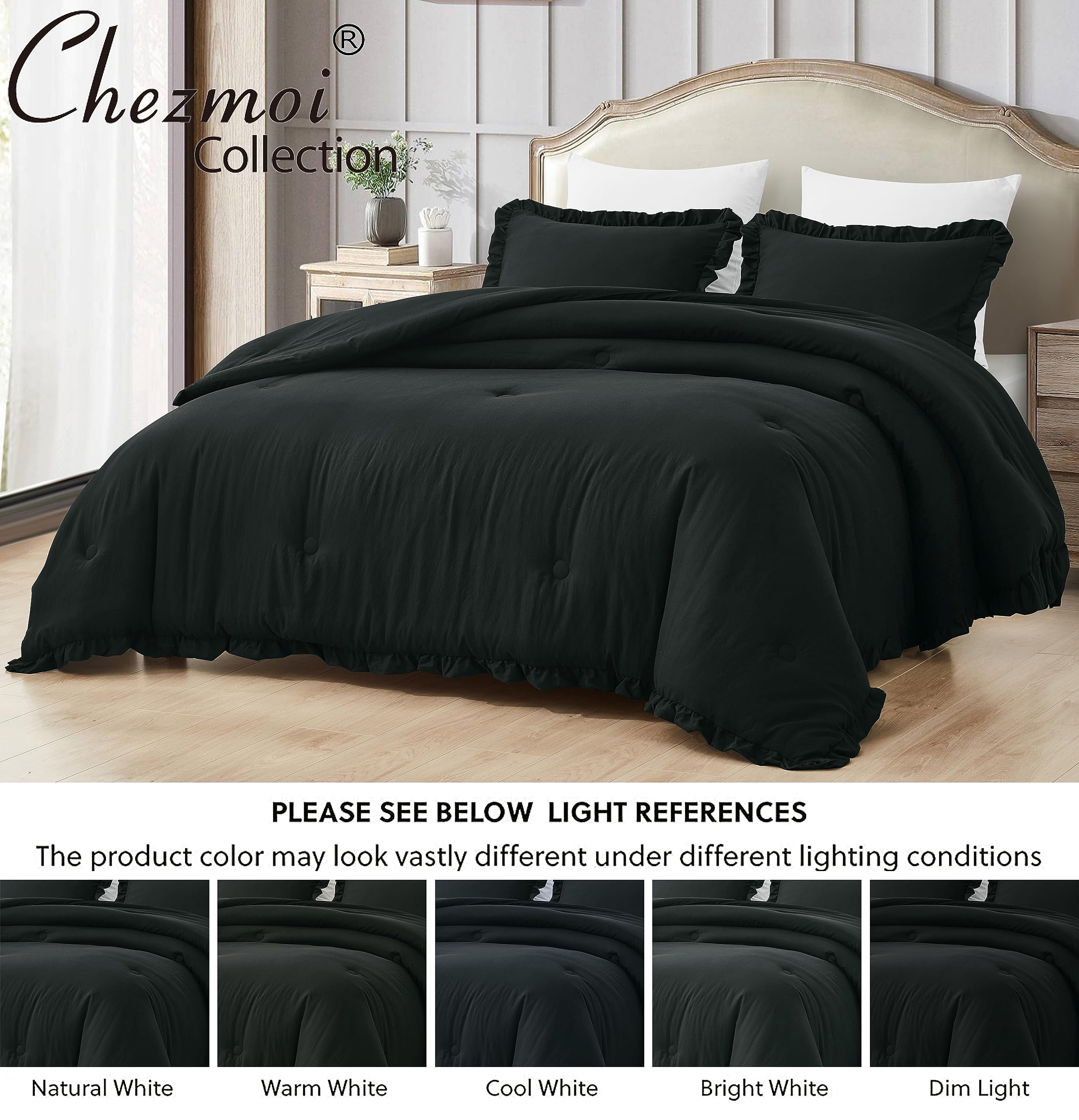 Chezmoi Collection Nora Black Comforter Set Oversized Queen Size 3-Piece Fluffy Soft Lightweight Bedding Ruffled Edge Trim Stone