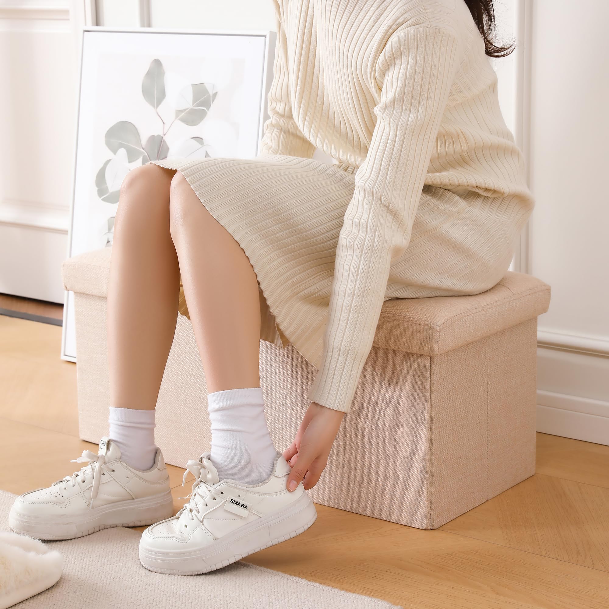 Cuyoca Storage Ottoman Bench Foldable Seat Footrest Shoe Bench End Of Bed Storage With Flipping Lid, 75L Storage Space, 30 Inches Linen Fabric Sandy Beige