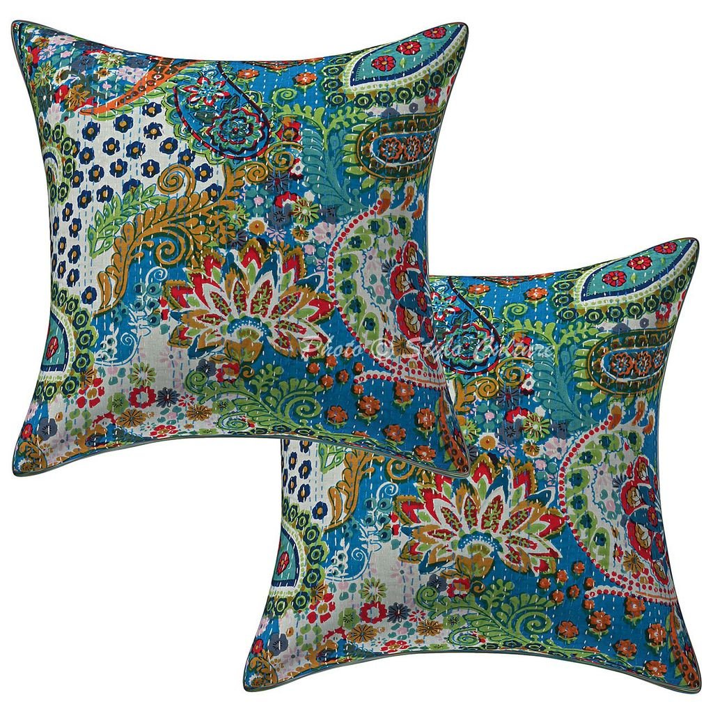 Stylo Culture Decorative Cotton Cushion Covers For Sofa 16X16 Inch Kantha Printed Turquoise Drawing Room Decor Paisley Ethnic Sq