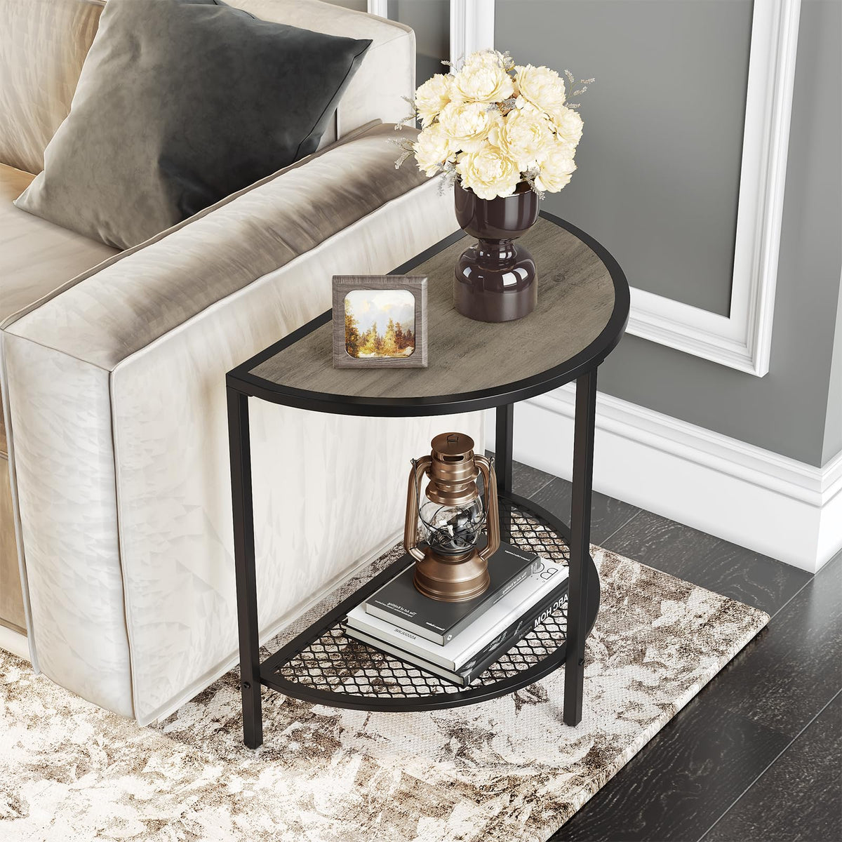 Saygoer Half Moon Side Table 19.7'' Bed Night Stand 18.7'*10.4' Small End Tables For Living Bed Room 2 Tier Wood Couch Tables With Storage Shelf Adjustable Feet, Rustic Gray