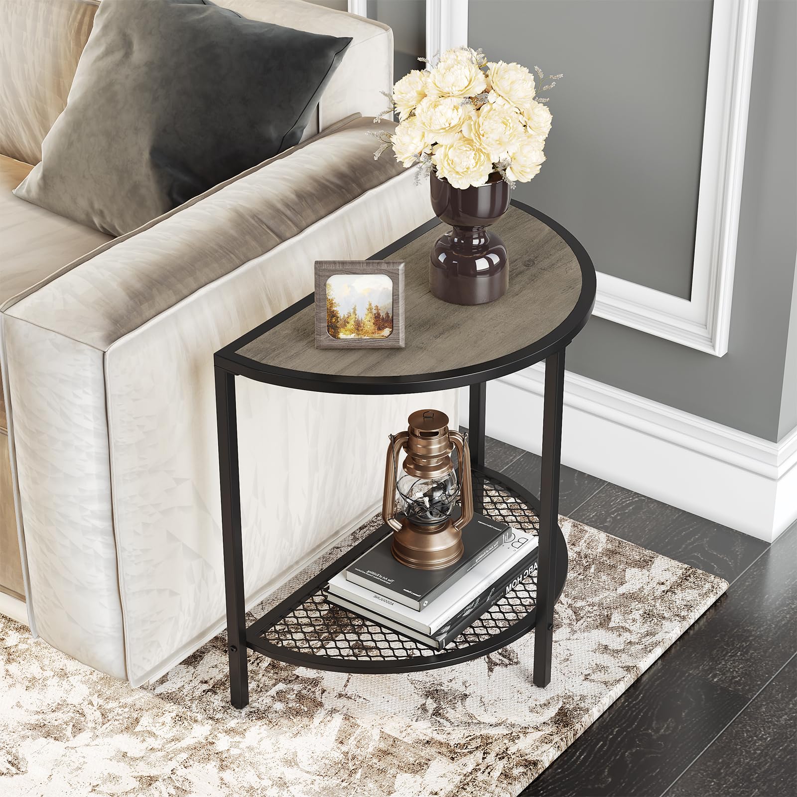 Saygoer Half Moon Side Table 19.7'' Bed Night Stand 18.7'*10.4' Small End Tables For Living Bed Room 2 Tier Wood Couch Tables With Storage Shelf Adjustable Feet, Rustic Gray