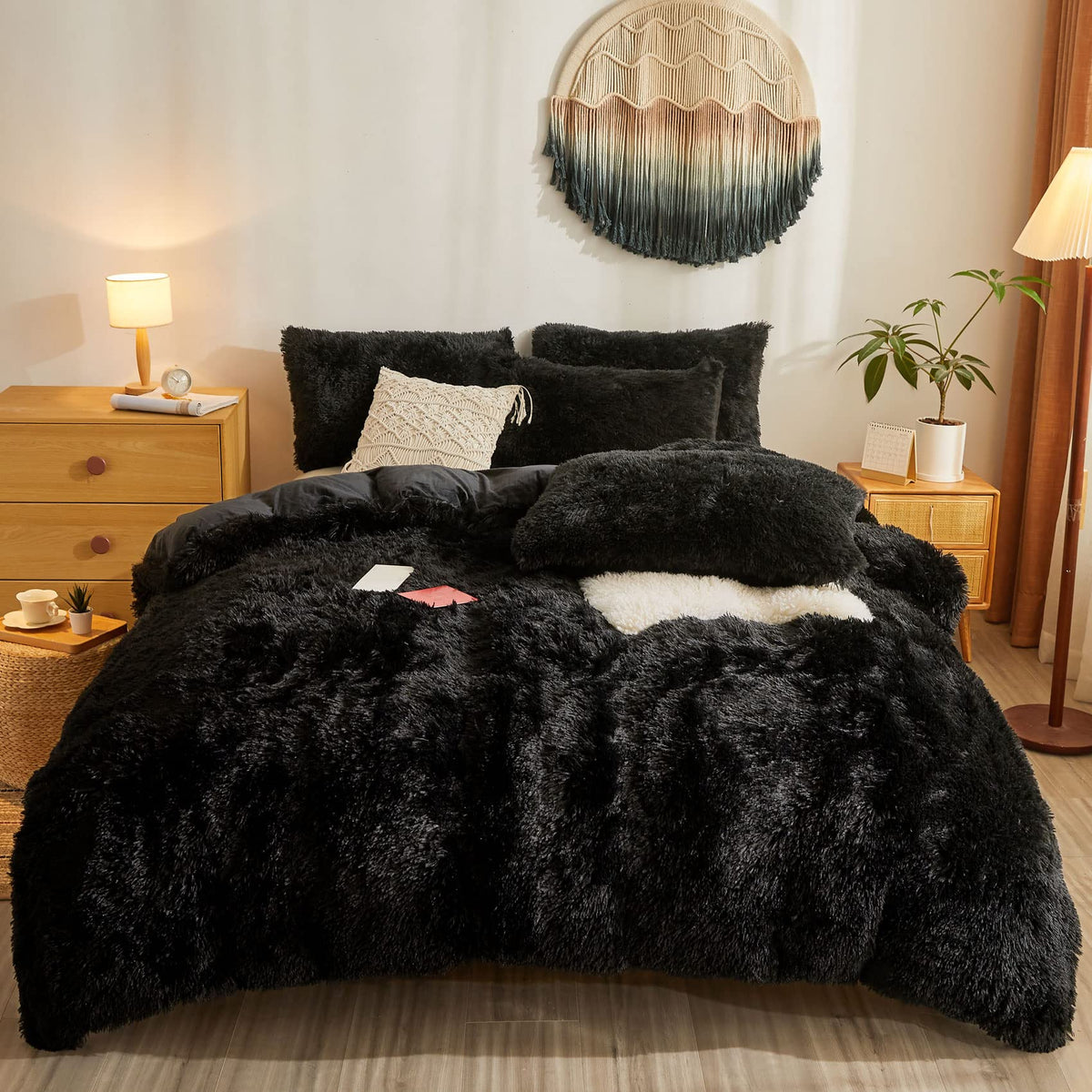 Besfunny Fluffy Black Shaggy Plush Comforter Cover Set,Ultra Soft Faux Fur Duvet Cover Bedding Sets Queen 3 Pieces With Pillow C