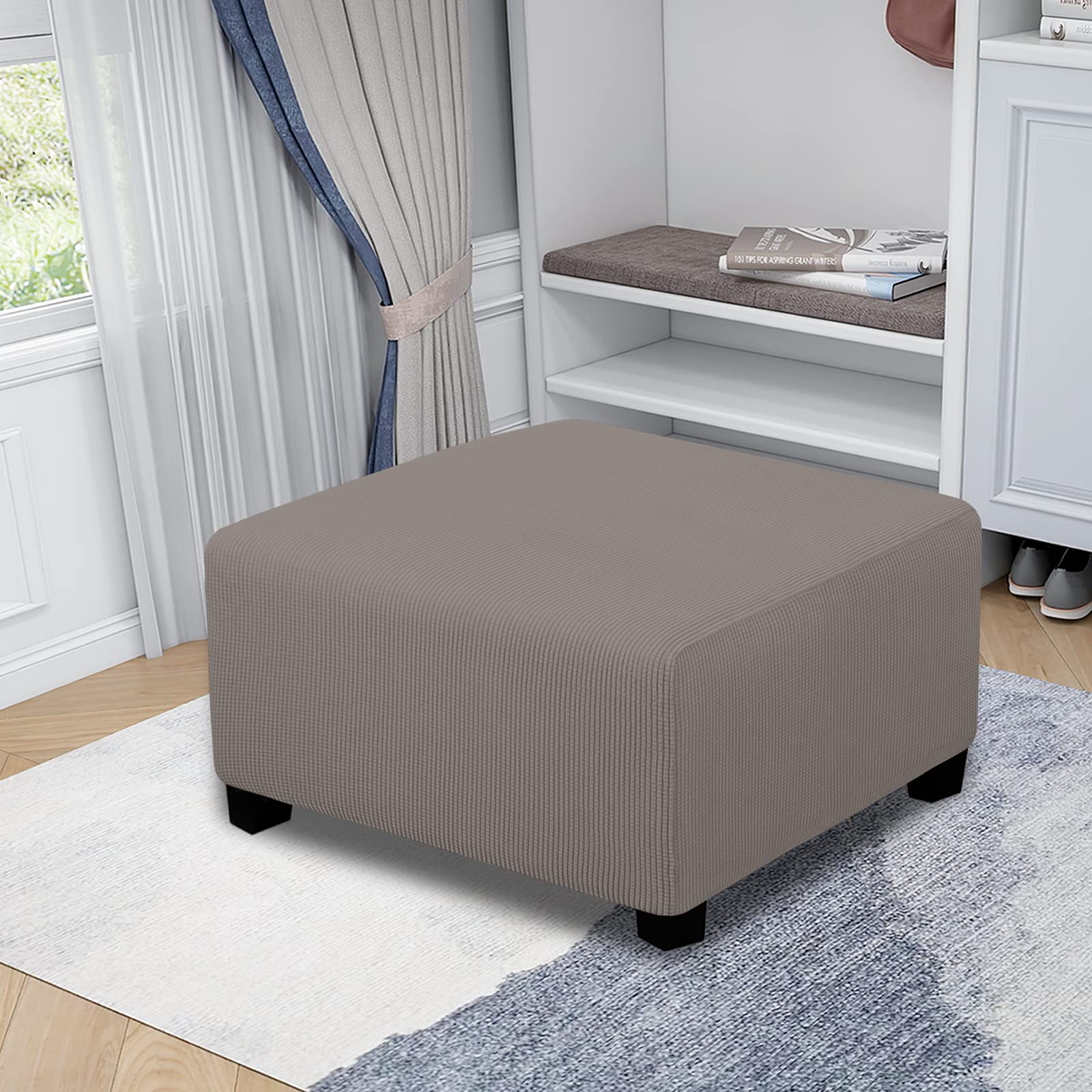 Easy-Going Stretch Ottoman Cover Folding Storage Stool Furniture Protector Soft Rectangle Slipcover With Elastic Bottom (Medium,Taupe)