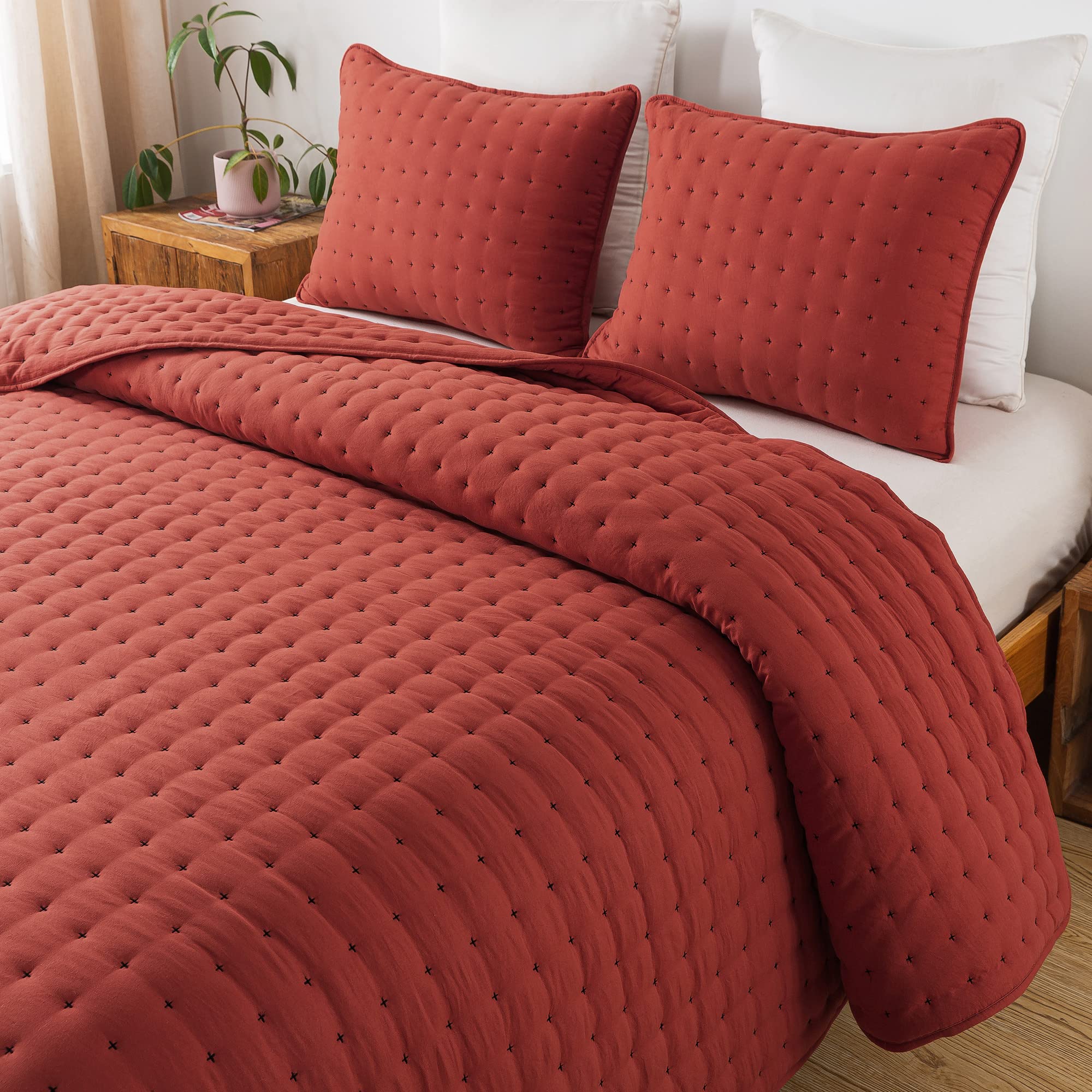 Wdcozy Burnt Orange Twin Size Quilt Bedding Sets With Pillow Sham, Red Lightweight Bedspread Coverlet, Quilted Blanket Thin Comf