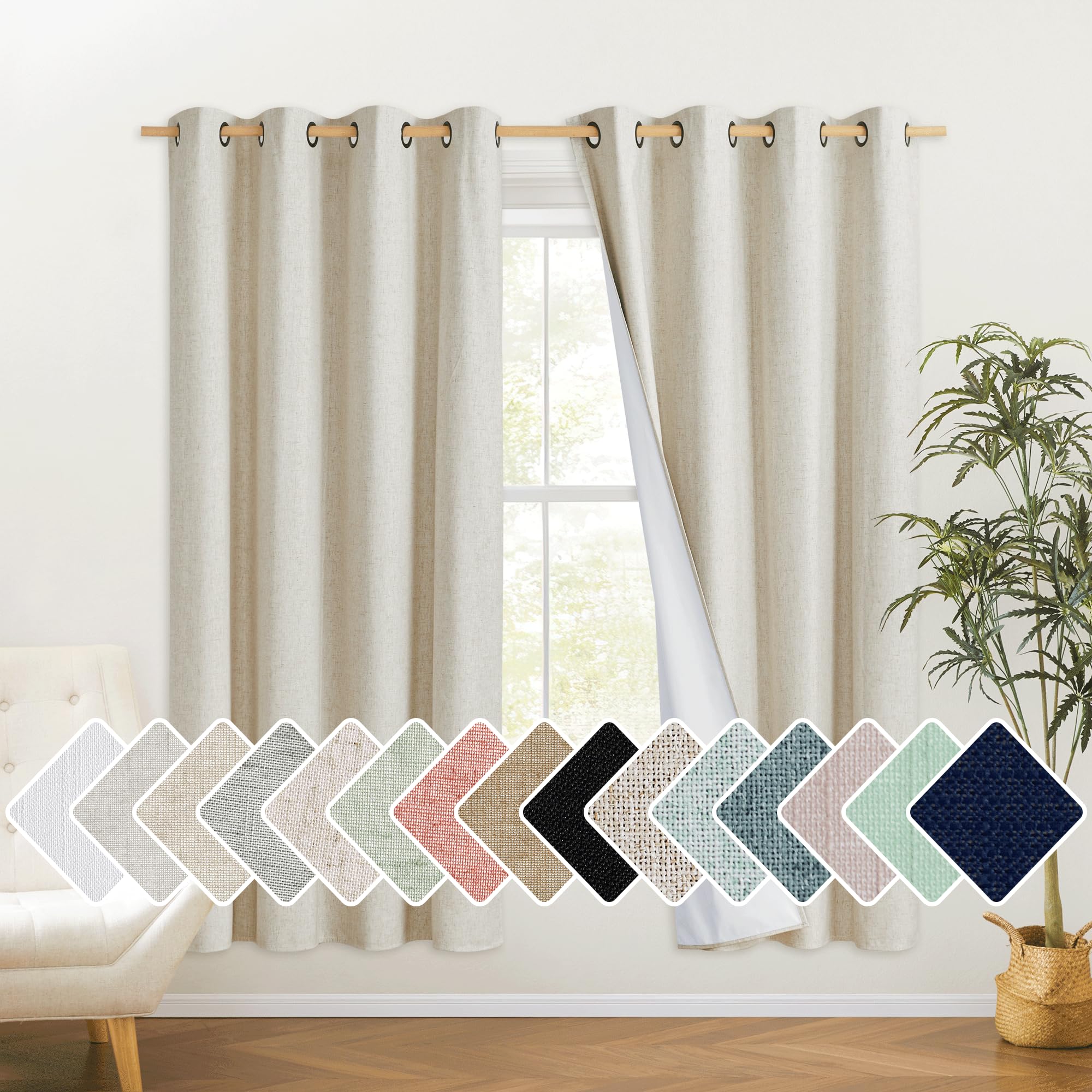 Nicetown Natural Bedroom Full Blackout Linen Curtain Panels Set Of 2, 52' By 72', Cold Reducing Thick Insulated Classic Grommet Blackout Draperies With White Thermal Insulated Liner For Windows