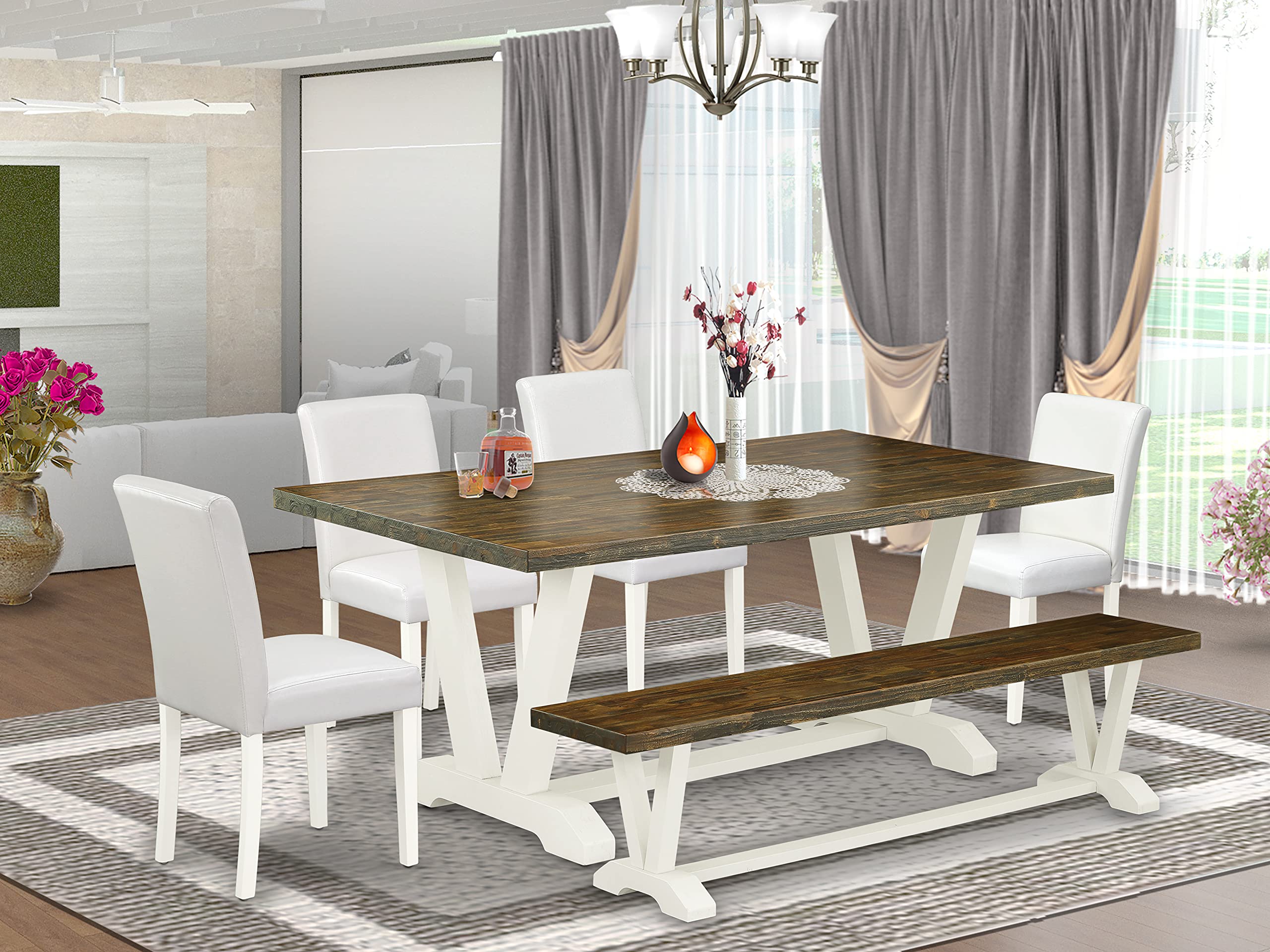 East West Furniture V-Style 6 Piece Set Contains A Rectangle Dining Room Table With V-Legs And 4 White Faux Leather Upholstered Chairs With A Bench, 40X72 Inch, Multi-Color