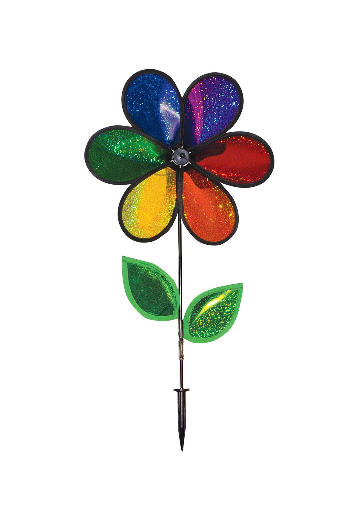 In The Breeze 12-Inch, Rainbow Sparkle Mylar Flower Spinner, 2753, 6-Petal Mylar Flower Spinner With Leaves