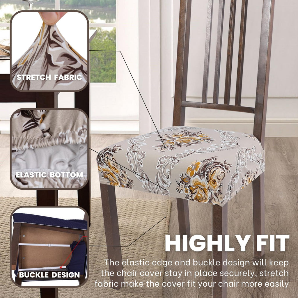 Searchi Stretch Dining Chair Seat Covers Set Of 4, Soft Removable Washable Seat Covers For Dining Chairs, Dining Room Seat Cover Slipcover Protector (Rear-Covered, Orange Brown Flower)