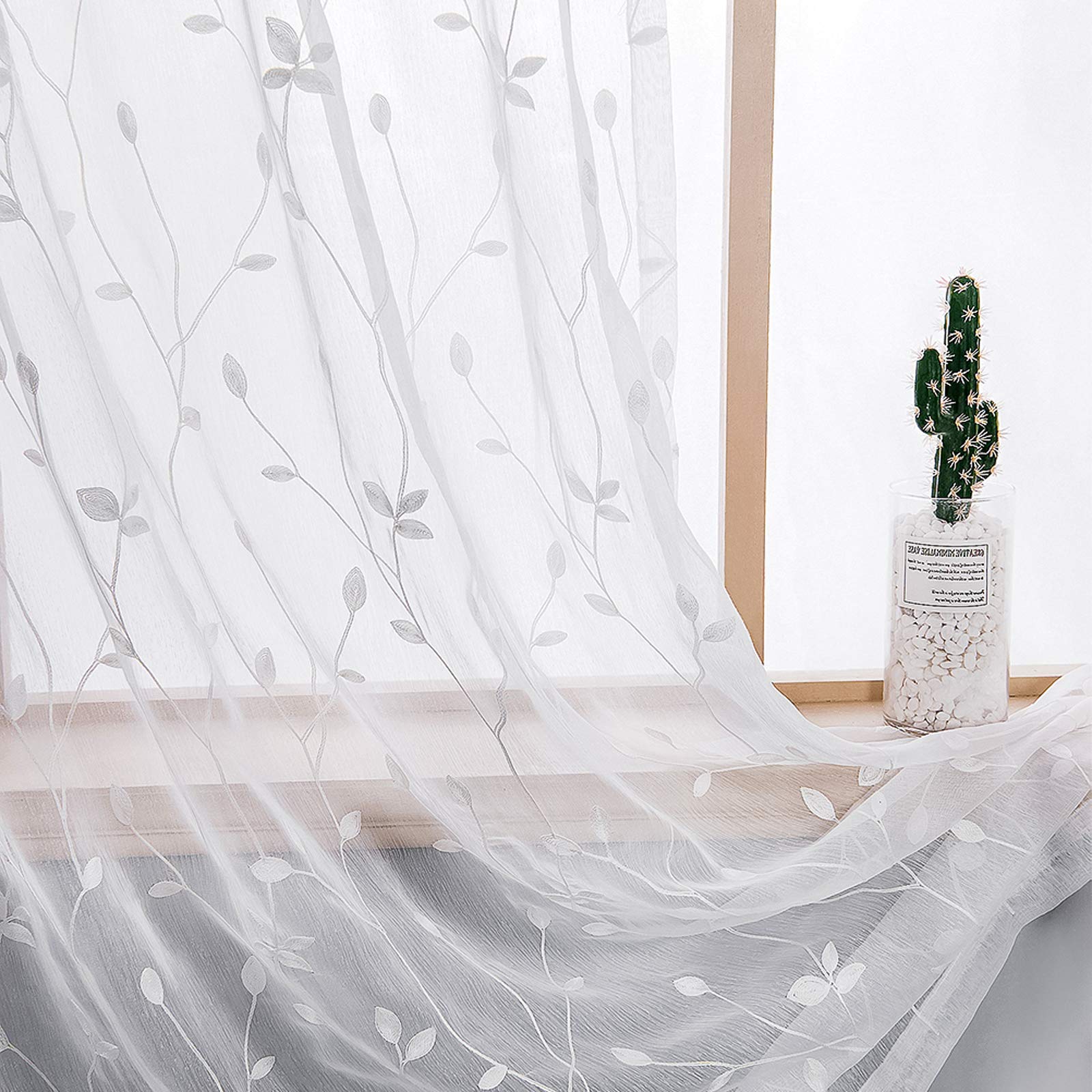 AmHoo 2 Panels Embroidered Leaf Pattern Semi Sheer Curtains Foliage Floral Voile Window Draperies Treatment for Bedroom Living R