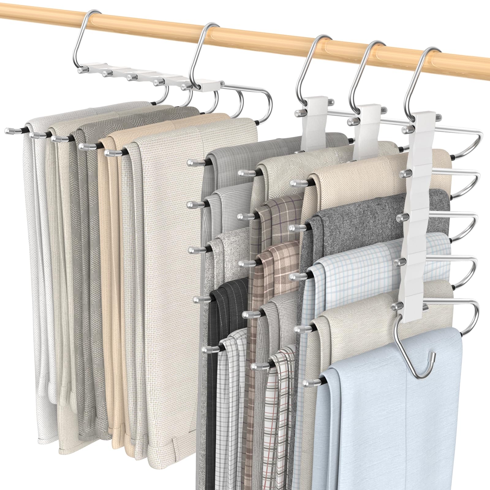Loretoy 4 Pack Pants Hangers Space Saving, Anti-Slip Multi-Functional Pants Rack, Thickened Stainless Steel Tube Two Hanging Mod