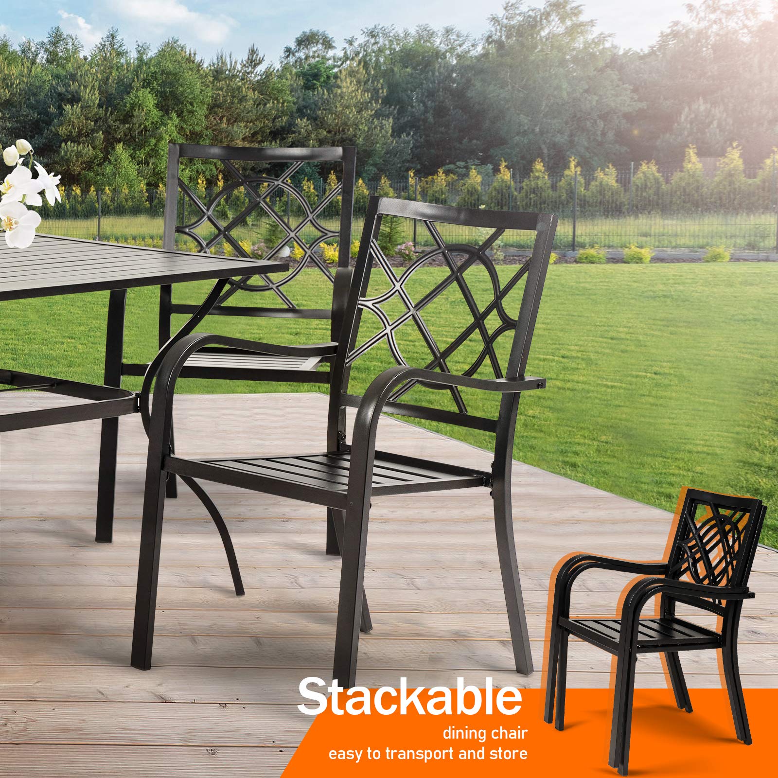 Suncrown 2 Pieces Wrought Iron Black Chairs 300 Lbs Outdoor Dining Chairs, Patio Metal Stackable Chair With Armrest For Backyard, Garden, Poolside