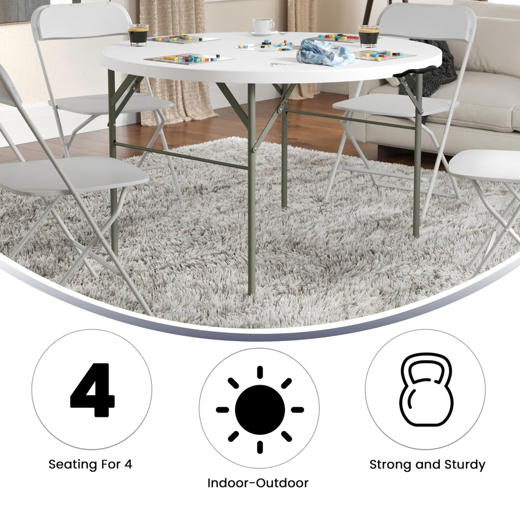 Flash Furniture Freeman 4' Round Plastic Folding Event Table with Carrying Handle, Bi-Fold Portable Banquet Table for Indoor/Outdoor Events, White