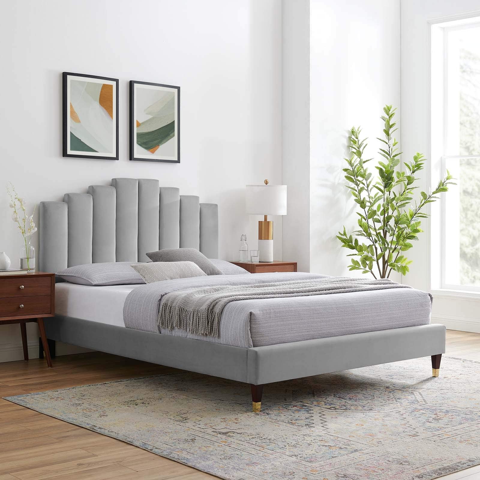 Modway Elise Channel Tufted Performance Velvet Full Platform Bed In Light Gray With Gold Legs
