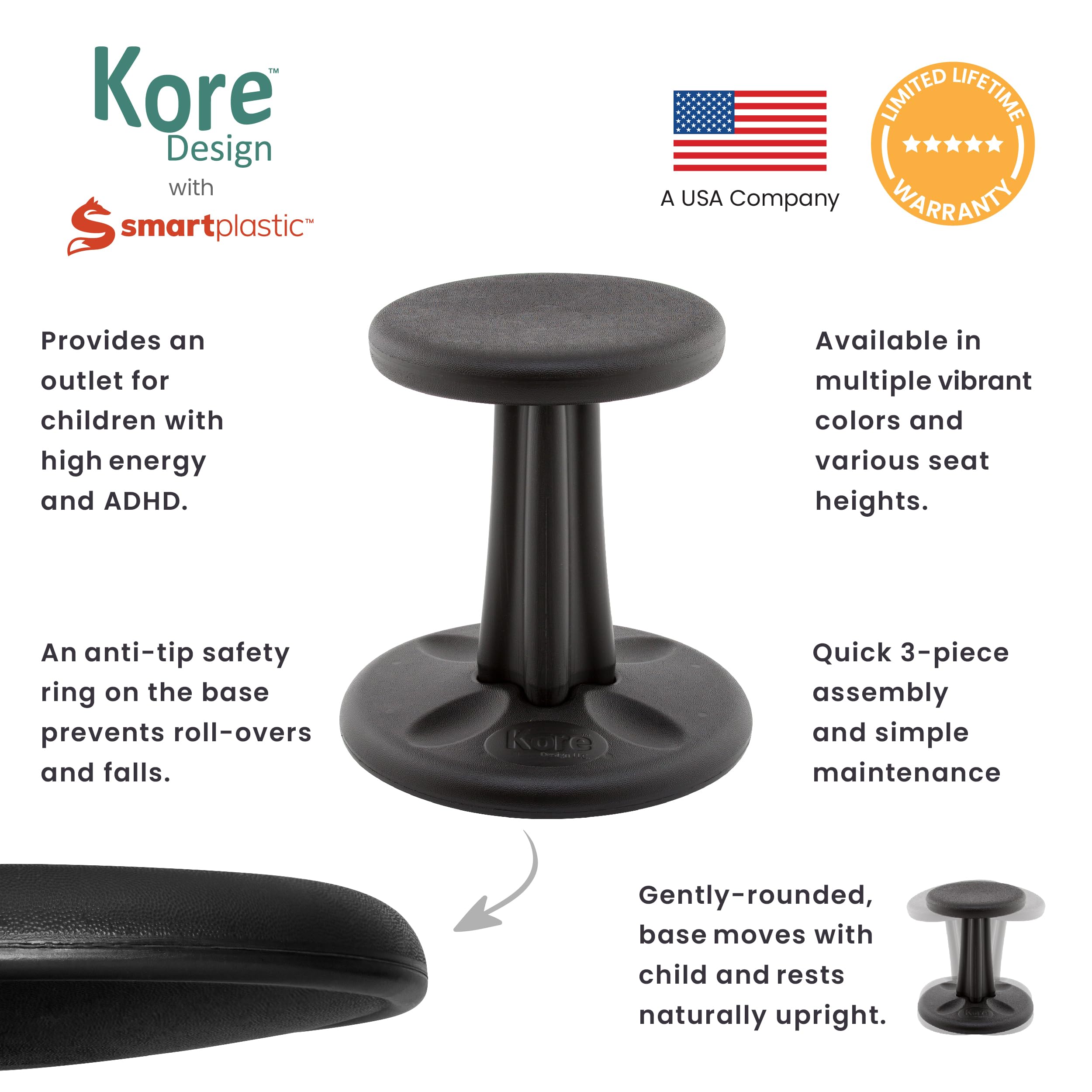 KORE Design Wobble Stool Chair, Girls + Boys Kid Desk Stools, Ergonomic Small Office Chairs, Flexible Seating for Active Child, ADD/ADHD, Classroom, School, Home, Kids (14in), Age 6-7 yrs, Black