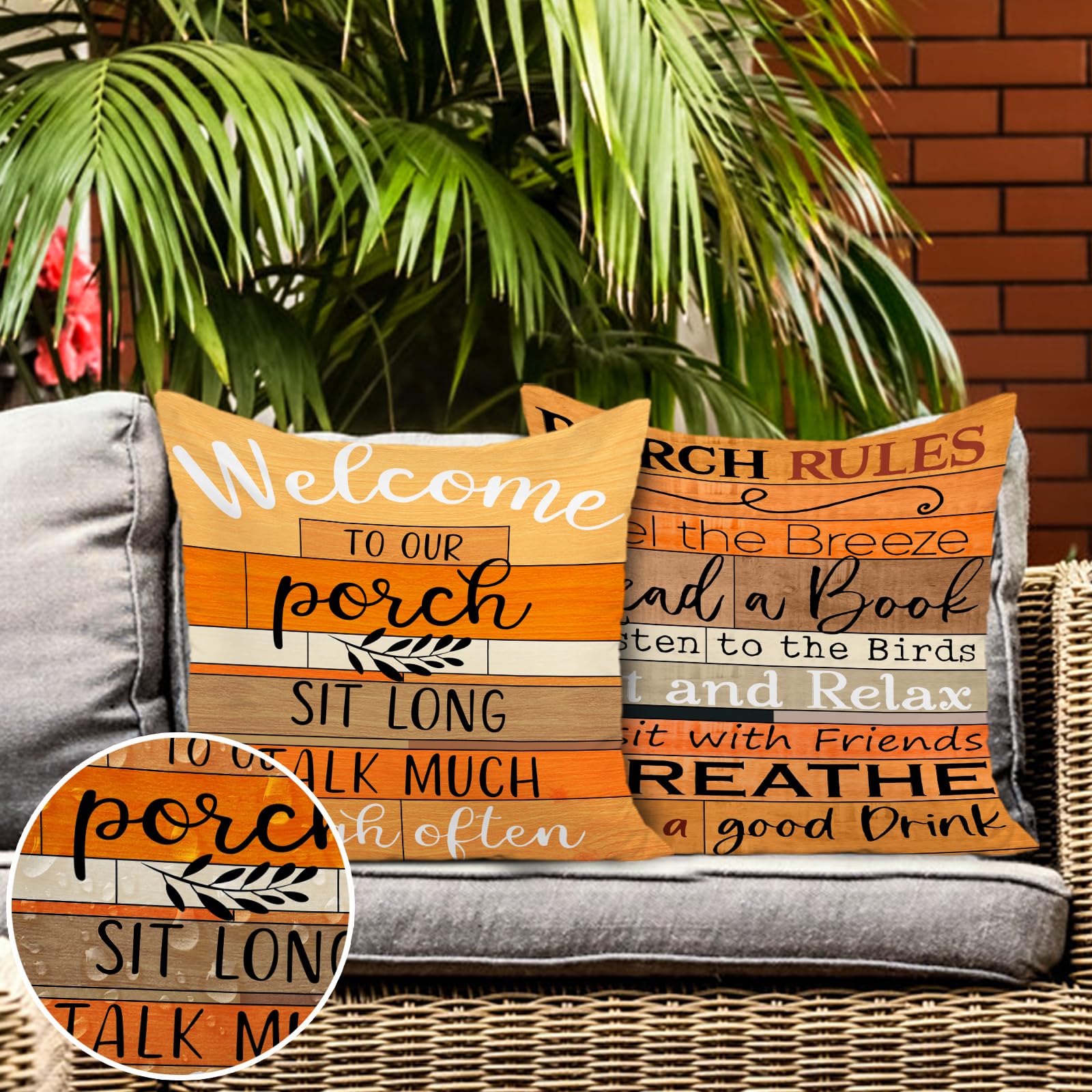 Jartinle Welcome To Our Porch Fall Outdoor Pillow Covers 18X18 Inch Set Of 2 Waterproof Tiered Wood Texture Quotes Throw Pillow