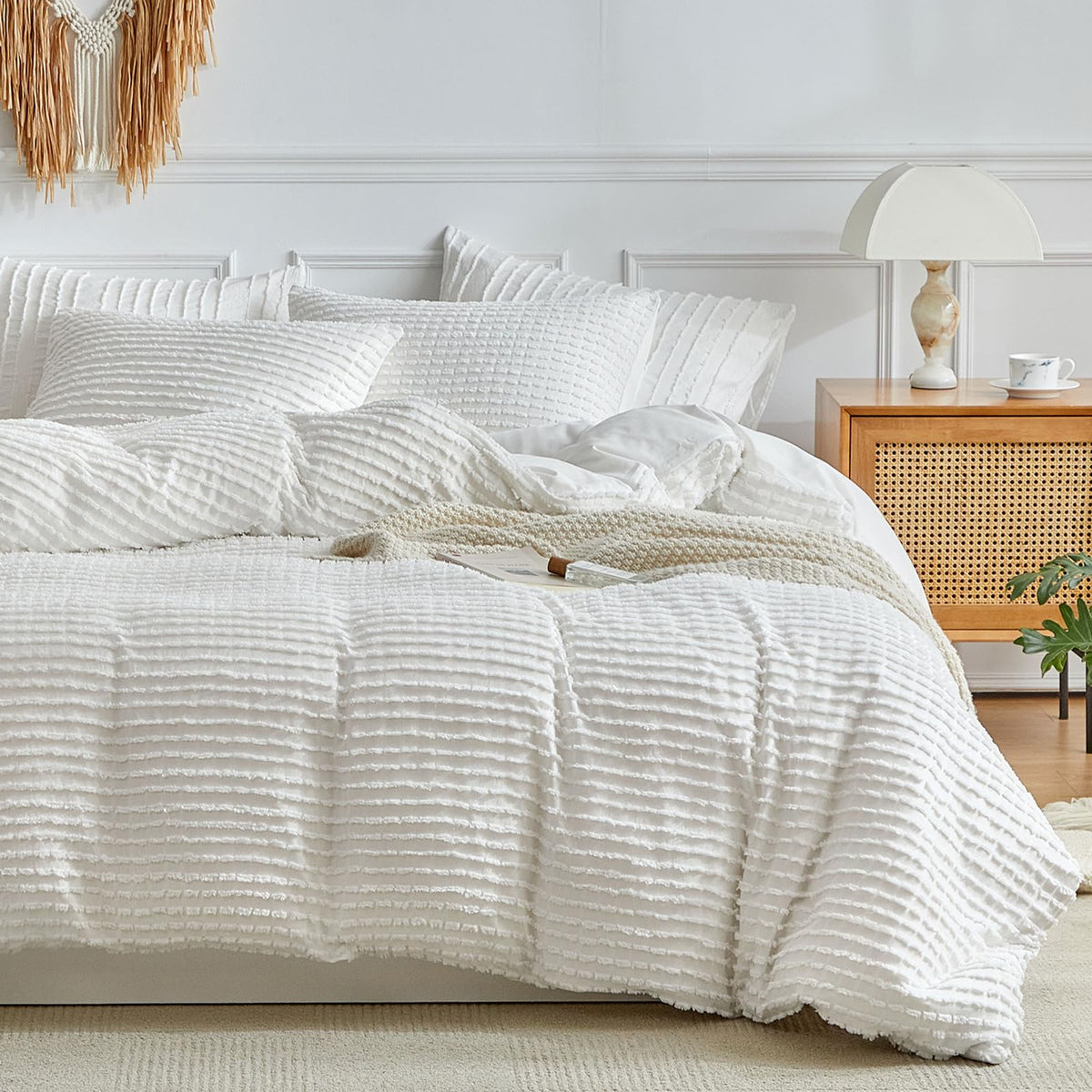 Warmdern Boho Duvet Cover Set King Size,White Striped Duvet Cover Microfiber Bedding Set,3Pcs Ultra Soft Breathable Lightweight