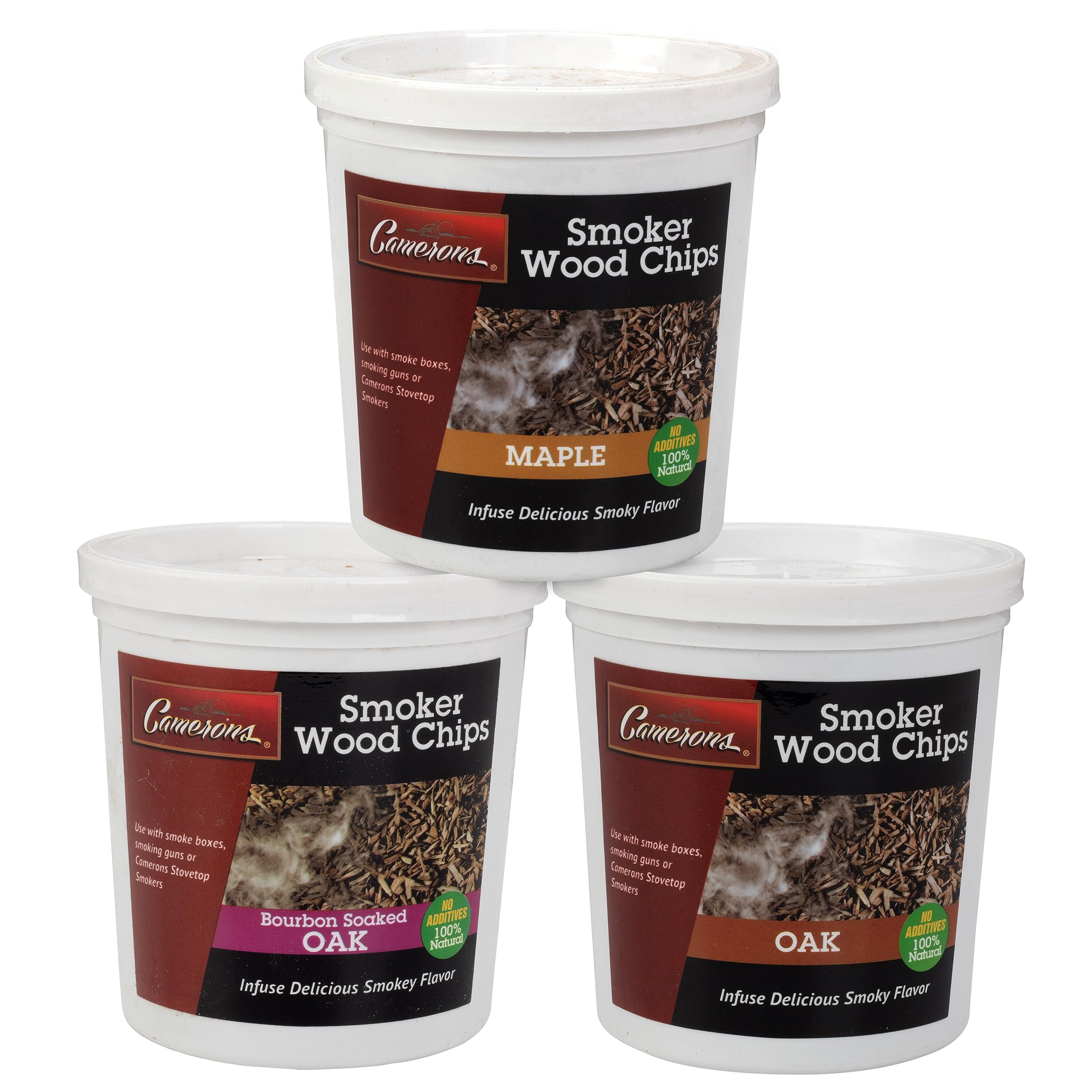 Camerons All Natural Extra Fine Bbq Wood Chips, 3 Pack - Bourbon Oak, Oak, Maple (3 Pints, 0.473L Ea) - Kiln Dried Sawdust Shavi