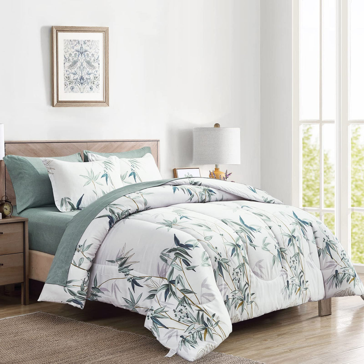 Botanical Bed In A Bag 7 Piece Queen Size, Green Leaves On White, Soft Microfiber Reversible Bed Comforter Set For All Season (1