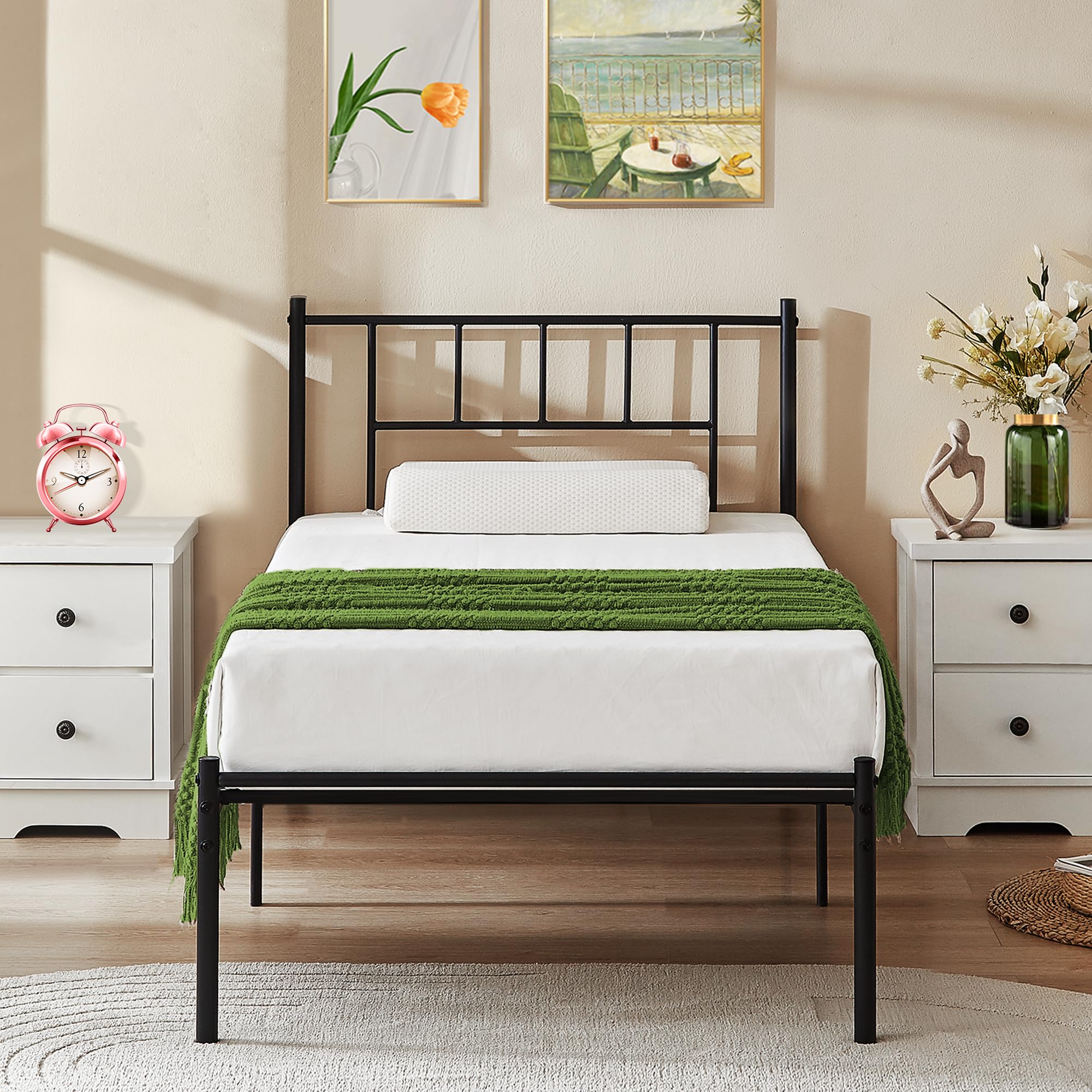 Vecelo Twin Metal Platform Bed Frame With Headboard, Heavy Duty Steel Slat Support, Under Bed Storage,No Box Spring Needed, Easy Assembly