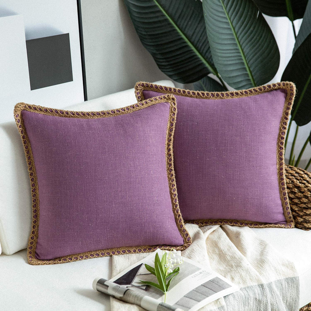 Phantoscope Pack Of 2 Farmhouse Decorative Throw Pillow Covers Burlap Linen Trimmed Tailored Edges Purple 26 X 26 Inches, 65 X 6