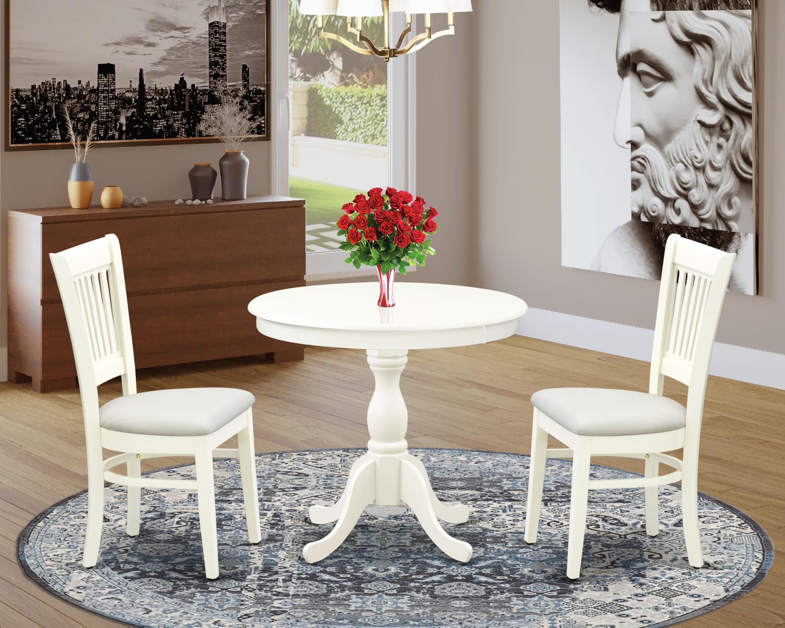 East West Furniture Amva3-Lwh-C 3 Piece Dining Set Contains A Round Kitchen Table With Pedestal And 2 Linen Fabric Dining Room Chairs, 36X36 Inch, Linen White