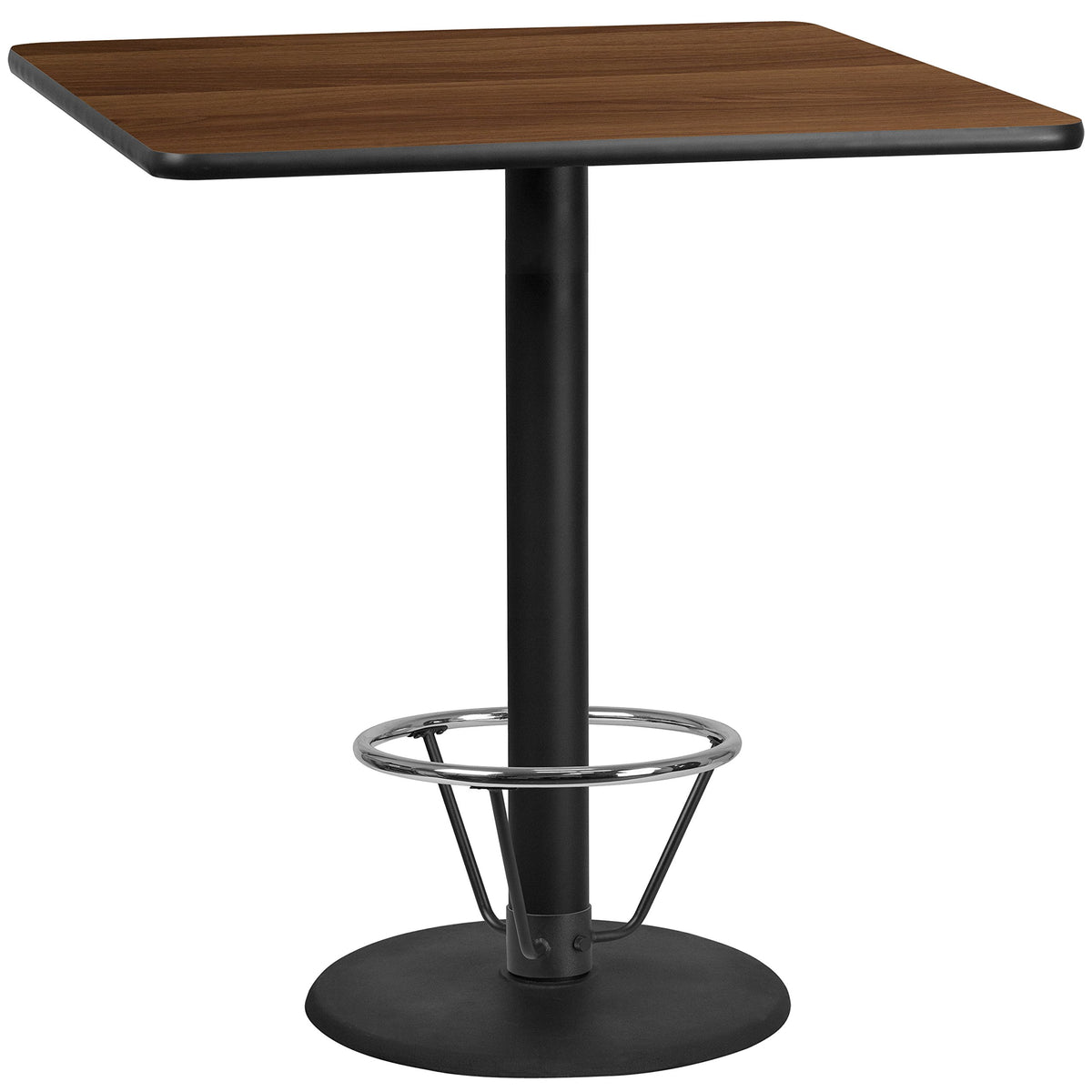 Flash Furniture Stiles 42'' Square Walnut Laminate Table Top with 24'' Round Bar Height Table Base and Foot Ring