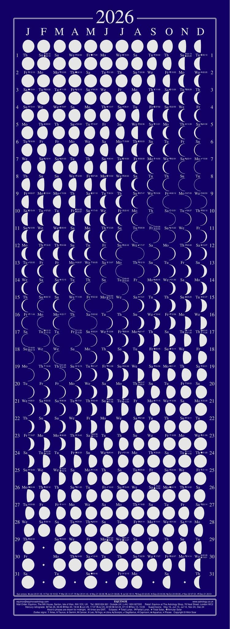 Equinox 2026 Moon Phase Calendar - Beautifully Silk Screened, Packed with Lunar & Solar Data & Mercury Retrogrades 