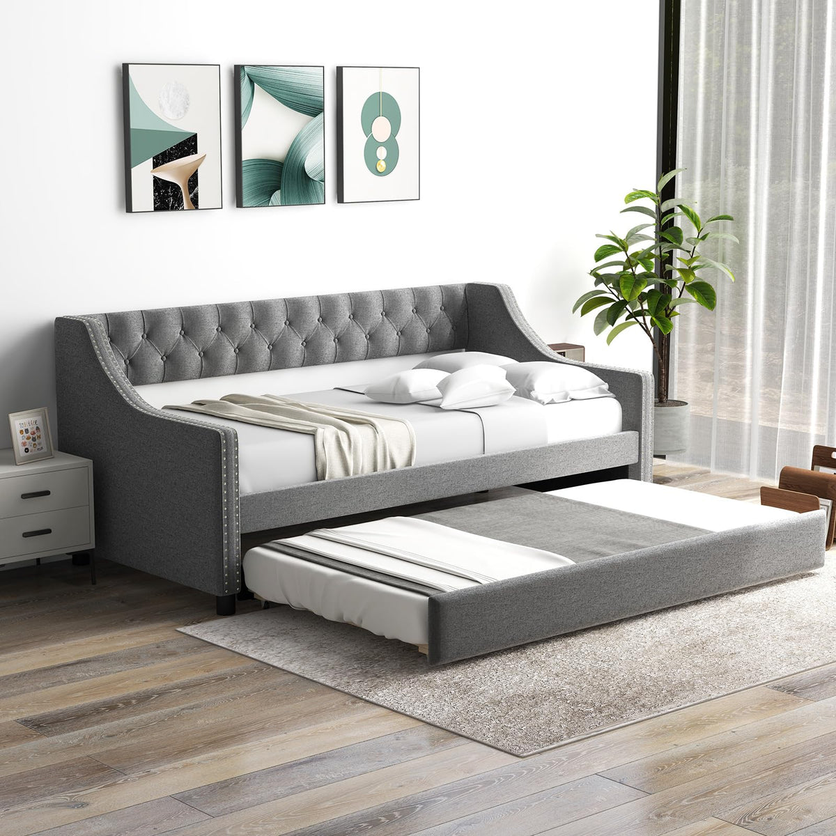 Giantex Upholstered Twin Daybed With Trundle, Modern Trundle Bed With Button Tufted Backrest And Wooden Slat Support, Twin Size Day Bed For Living Room Guest Room, No Box Spring Needed, Grey