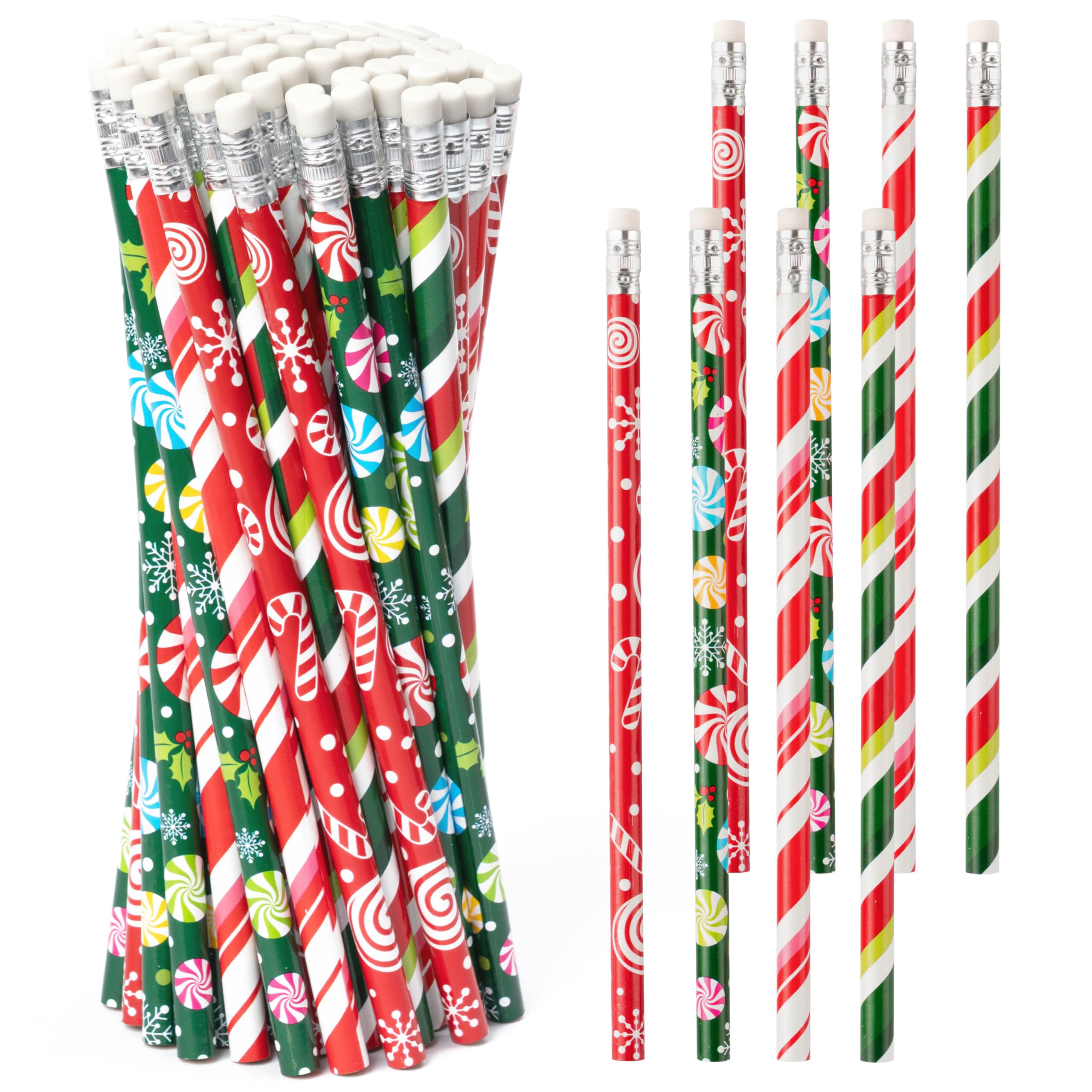 Xqumoi 60Pcs Christmas Pencils with Eraser - #2 HB Xmas Candy Cane Red Green Wood Pencils, School Classroom Student Rewards Offi