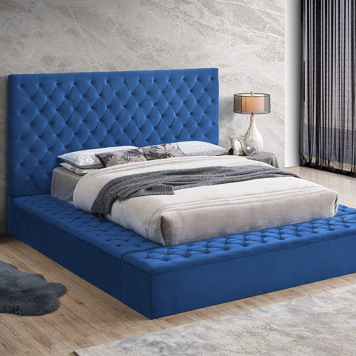 Better Home Products Cosmopolitan Velvet Tufted Upholstered Storage Platform with Headboard/Velvet Upholstered Platform Bed Frame/Wood Slat Support/No Box Spring Needed (Queen, Blue)
