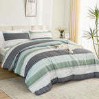 Litanika Oversized King Comforter Set Sage Green 120X120-3 Pieces Lightweight Green White Colorblock Stripe Fluffy Bedding Comfo