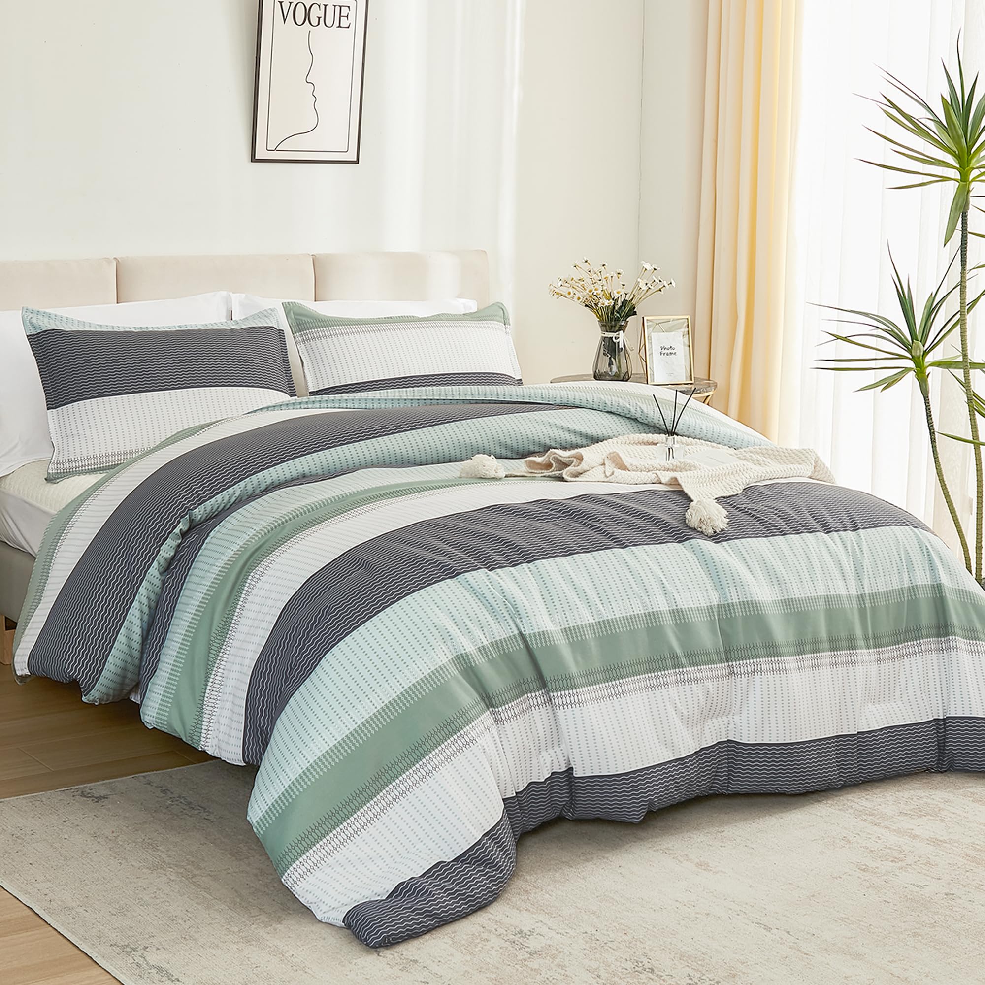 Litanika Oversized King Comforter Set Sage Green 120X120-3 Pieces Lightweight Green White Colorblock Stripe Fluffy Bedding Comfo