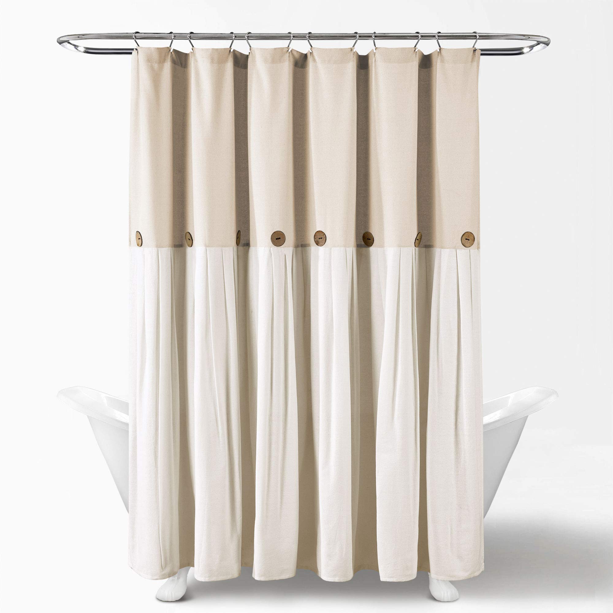 Lush Decor Linen Button Shower Curtain, 72'' W X 84'' L, Linen - Rustic Extra Long Shower Curtain - Color Block Bath Curtain Wit