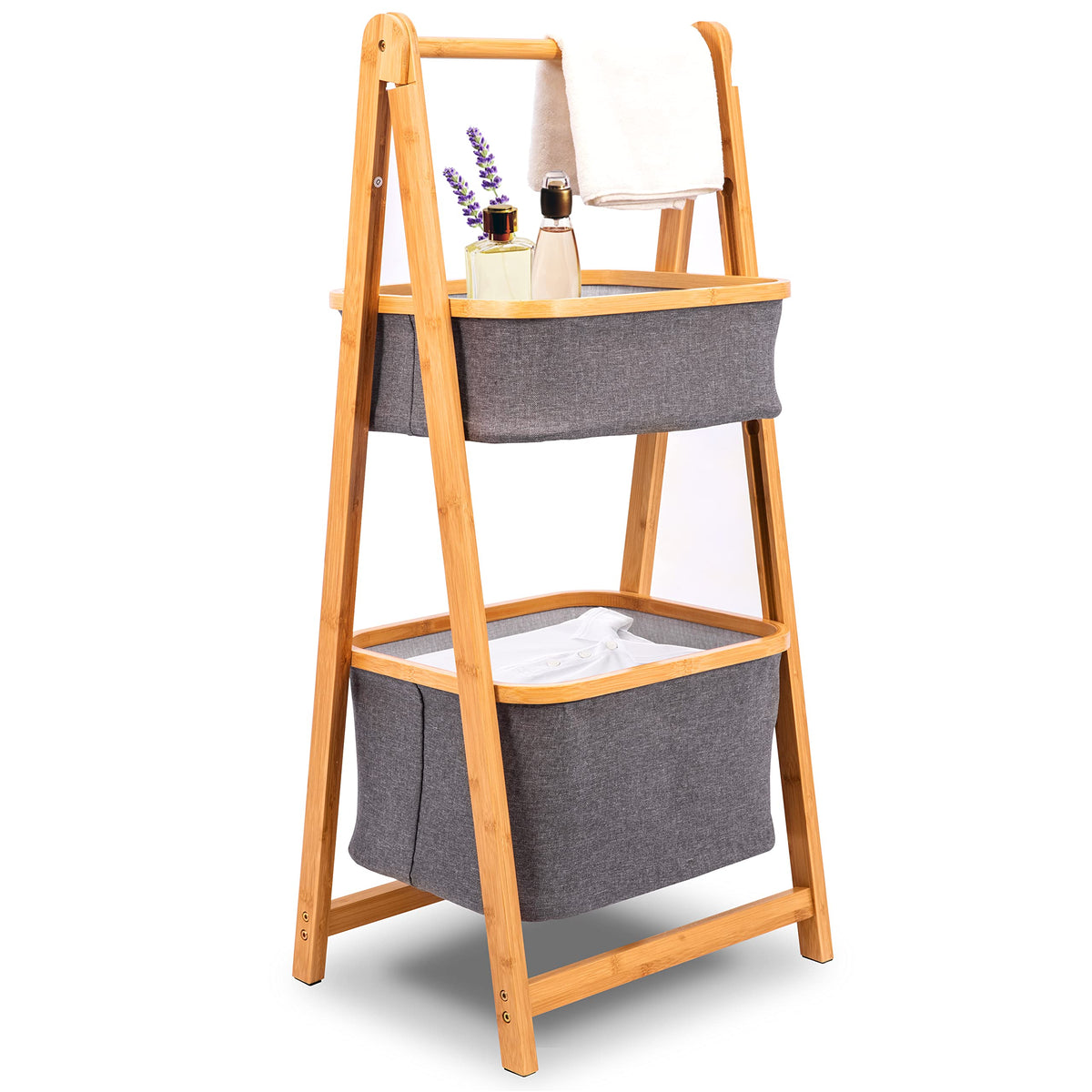 SereneLife 2Tier Fold Out Hamper Shelf Storage  Space Saving Collapsible Foldable Natural Bamboo Wooden Organizer Removable Ba