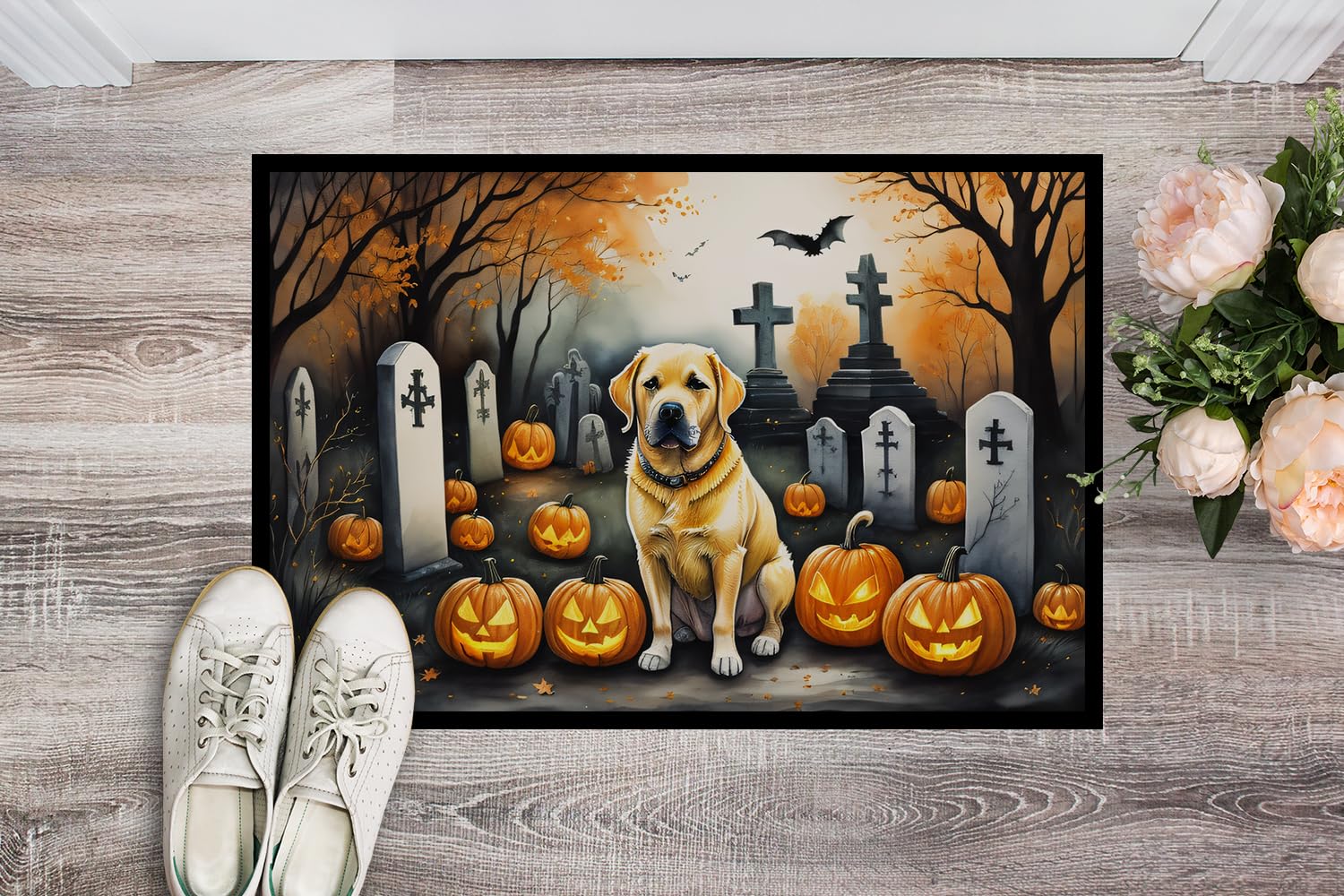 Caroline'S Treasures Dac2059Jmat Yellow Labrador Retriever Spooky Halloween Indoor Or Outdoor Mat 24X36 Front Door Mat Indoor Outdoor Rugs For Entryway, Non Slip Washable Low Pile, 24H X 36W
