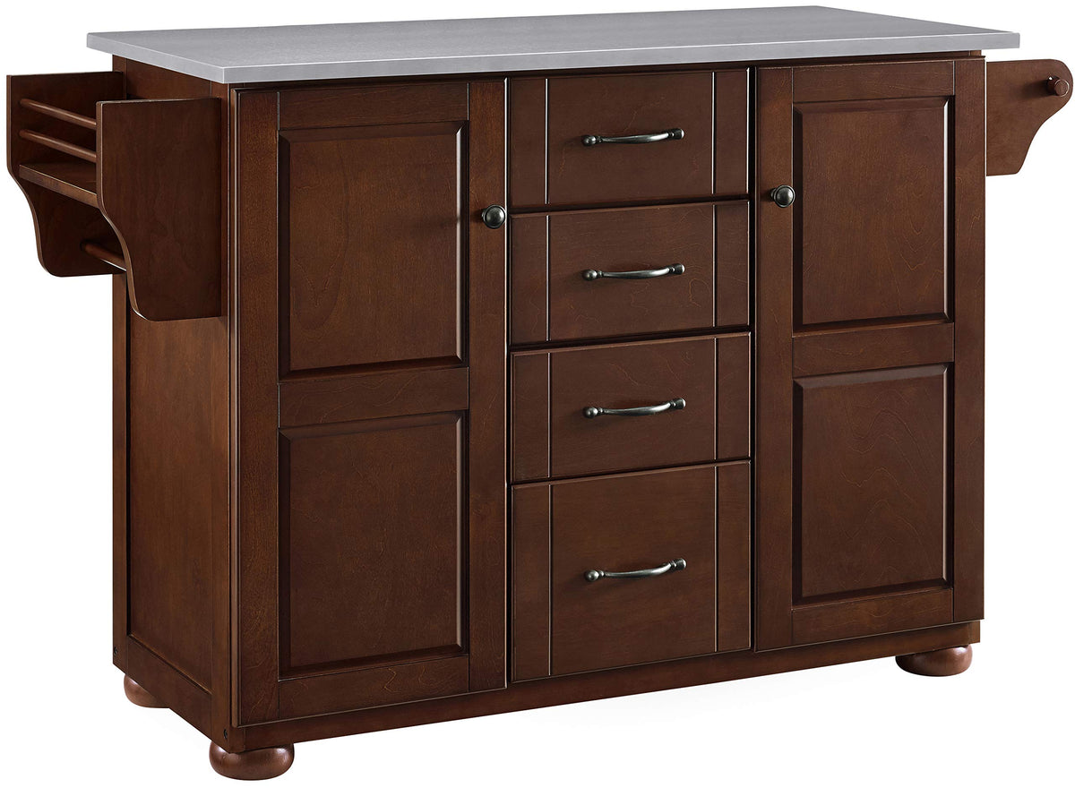 Crosley Furniture Eleanor Stainless Steel Top Kitchen Island With Spice Rack, Storage Drawers And Shelves, Mahogany