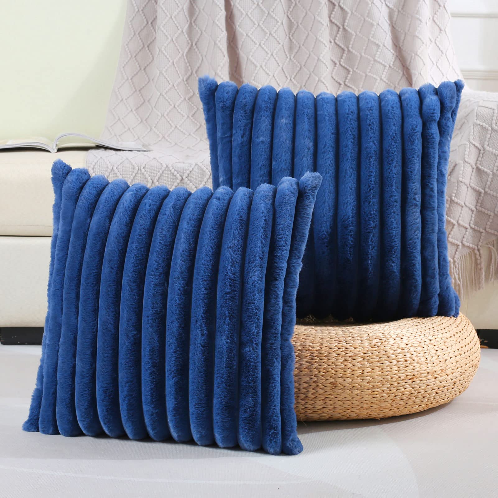 Futei Navy Blue Striped Decorative Throw Pillow Covers 16X16 Inch Set Of 2,Square Winter Decorations Couch Pillow Case,Soft Cozy