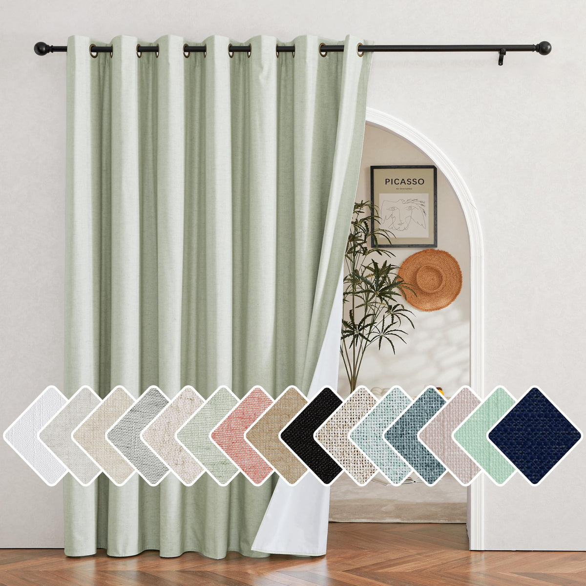 Nicetown Sage Green Living Room Completely Shaded Linen Sliding Door Curtain, Privacy Protection & Noise Reducing Wall Curtain,