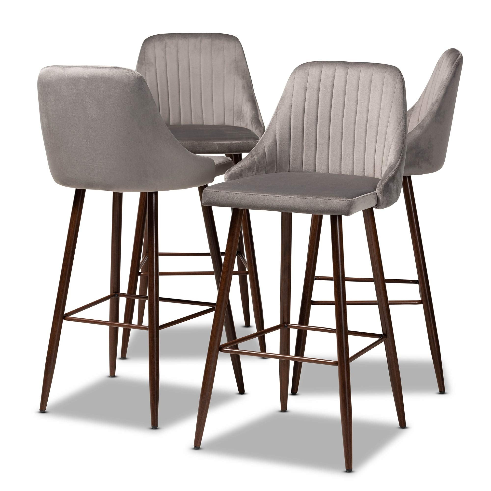 Baxton Studio Walter Mid-Century Contemporary Grey Velvet Fabric Upholstered and Walnut Finished 4-Piece Bar Stool Set