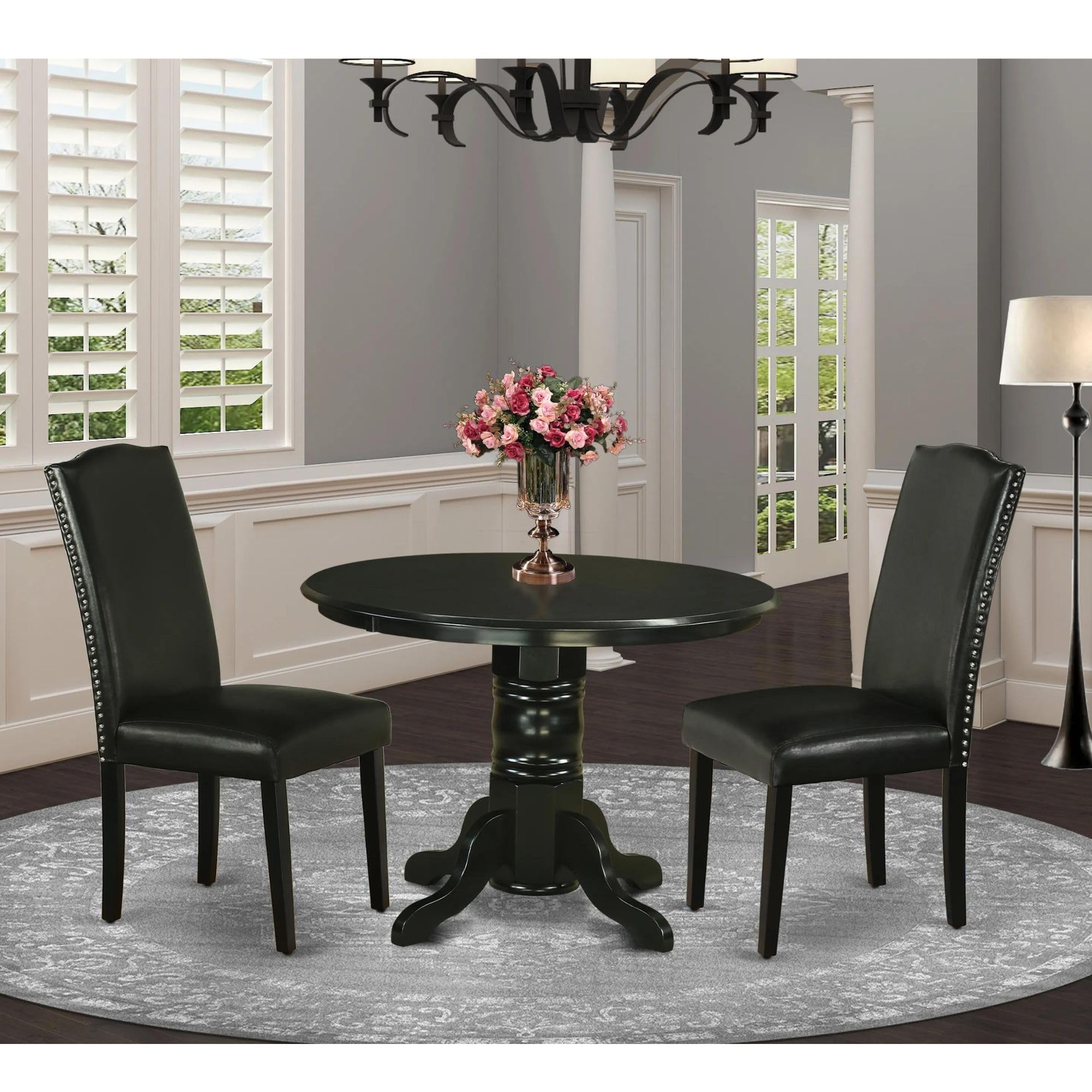 East West Furniture Shen3-Blk-69 3 Piece Kitchen Table Set Contains A Round Dining Table With Pedestal And 2 Black Faux Leather Parson Dining Room Chairs, 42X42 Inch, Black