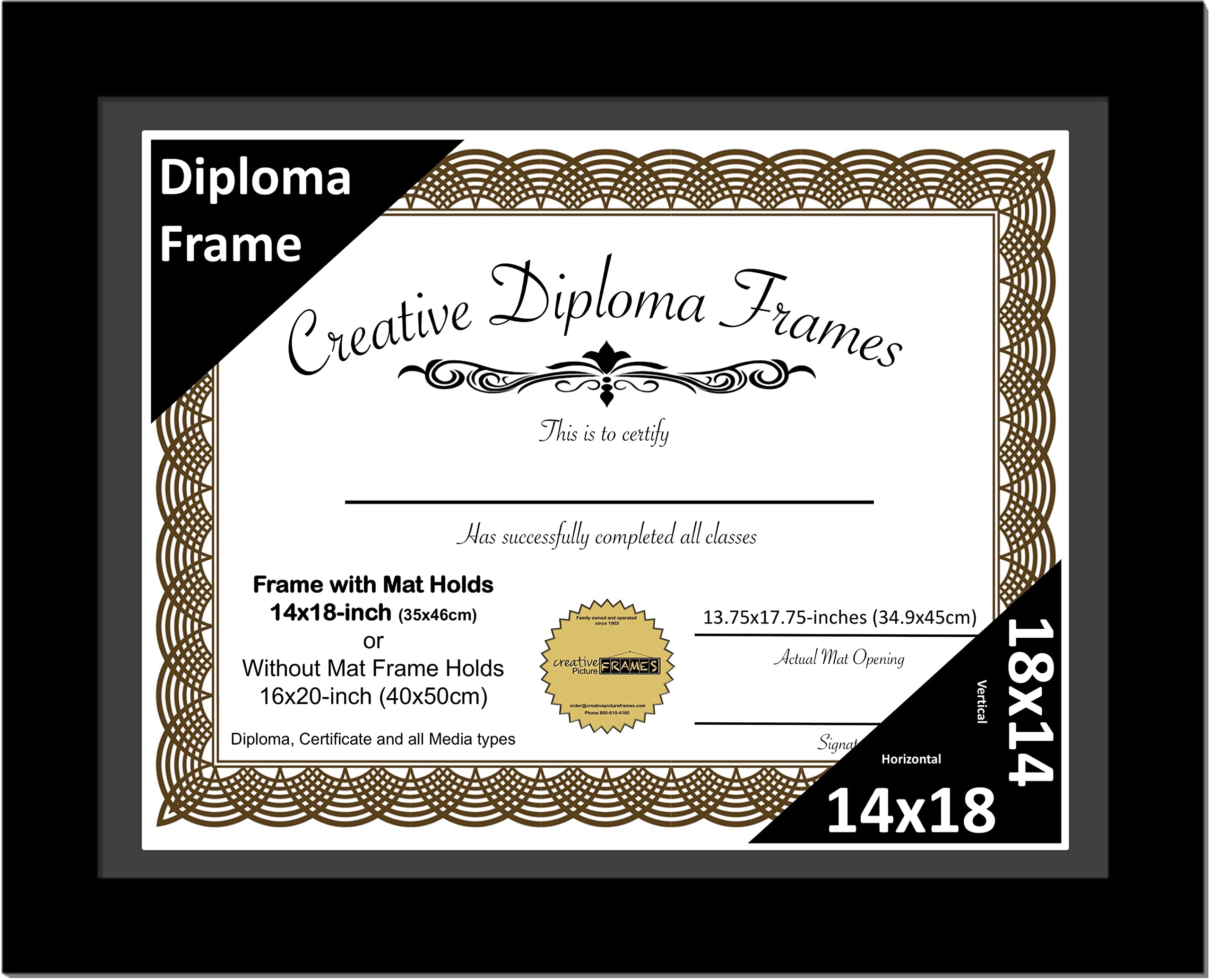 Creative Picture Frames 14x18 Classic Black Diploma Frame with Black Mat Glass Easel and Installed Wall Hangers | Frame Holds 16