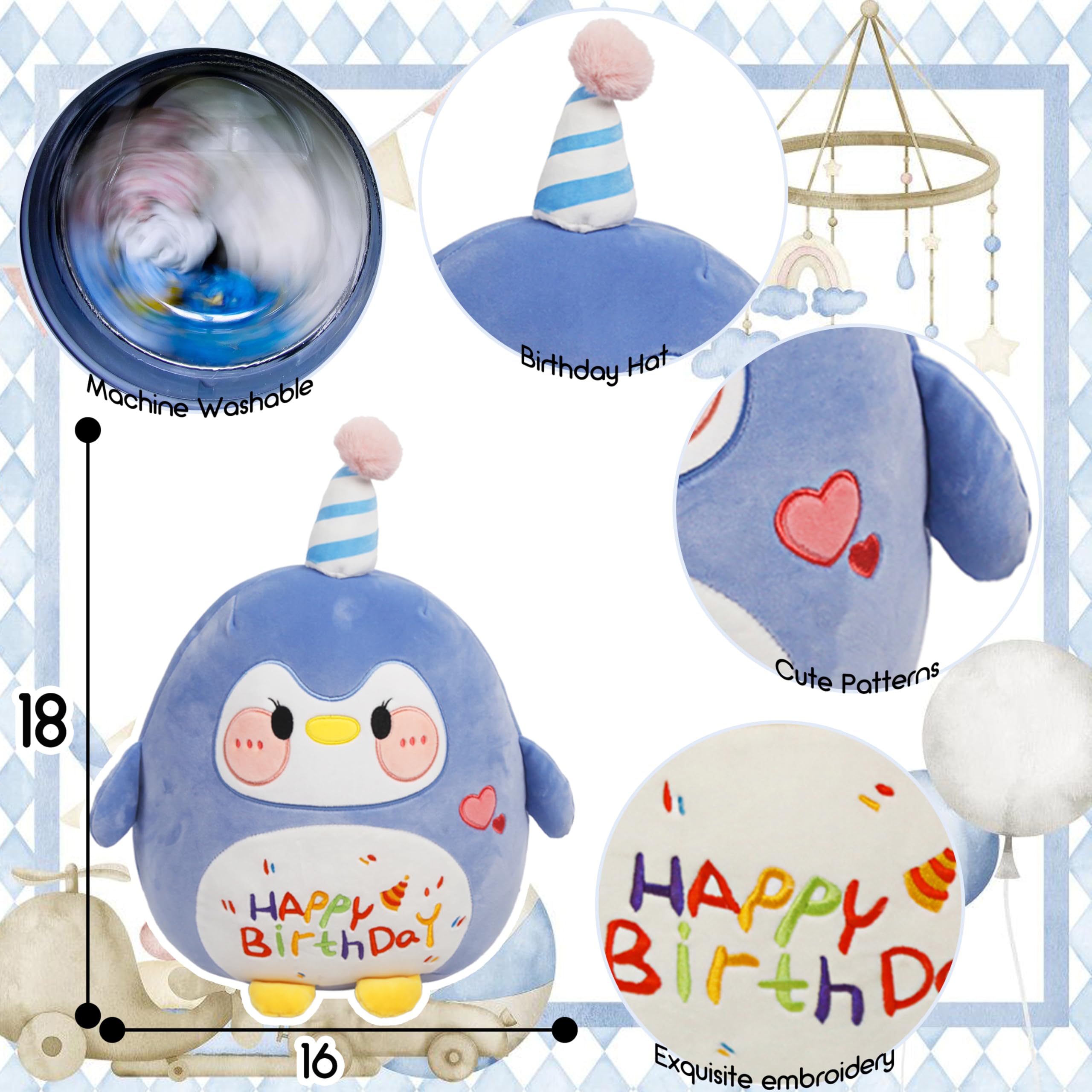 Arelux 18In Cute Penguin Plush Soft Penguin Stuffed Animal Birthday Pillow Plushie Toy Happy Birthday Party Decoration Plushies