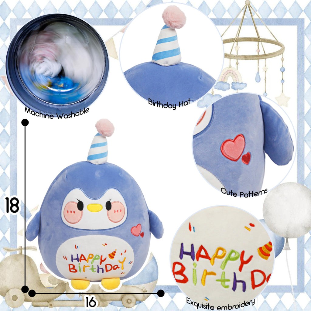 Arelux 18In Cute Penguin Plush Soft Penguin Stuffed Animal Birthday Pillow Plushie Toy Happy Birthday Party Decoration Plushies