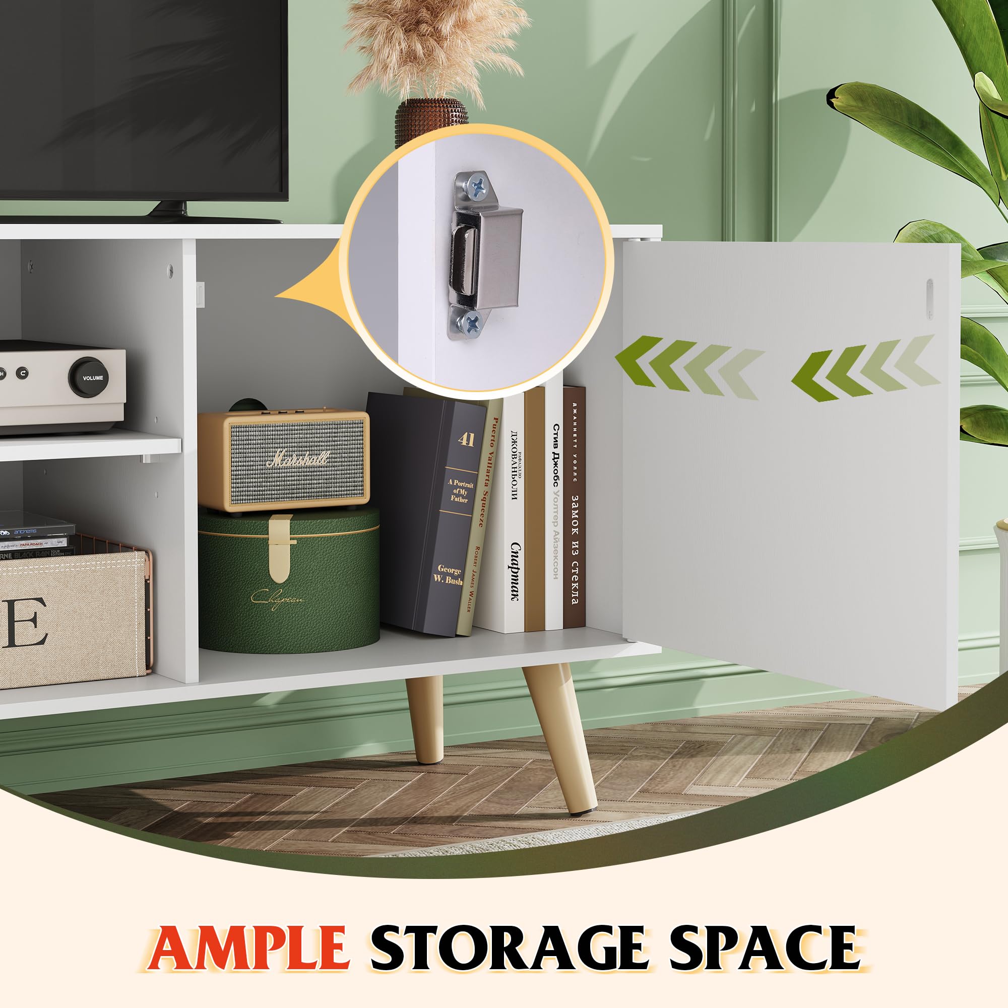 Wlive Tv Stand For 55 Inch Tvs, Entertainment Center With Storage Cabinet, Mid-Century Tv Stands For Living Room And Bedroom, 50' Tv Console, White